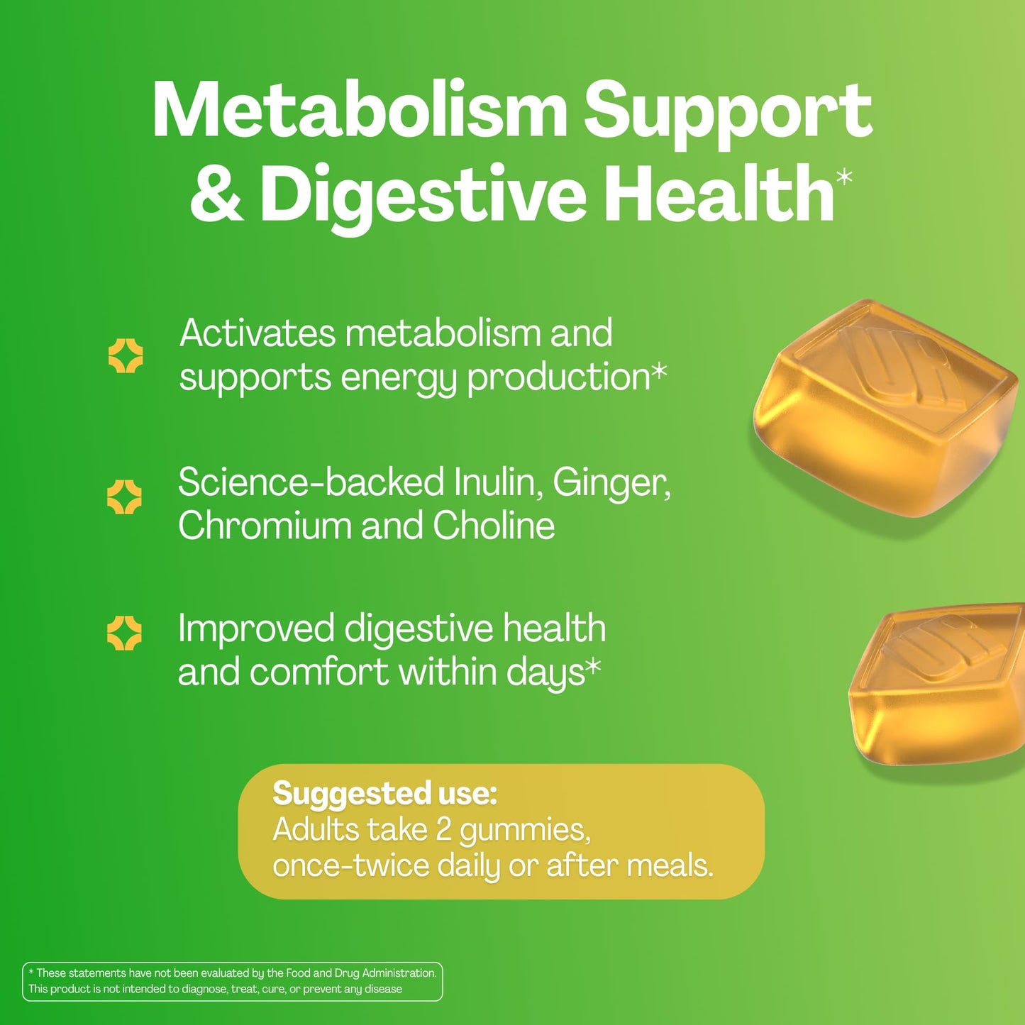 URVI Metabolism Support Gummies with Chromium Picolinate, Inulin Prebiotic Fiber, Ginger Extract & Choline – 60 Gummies