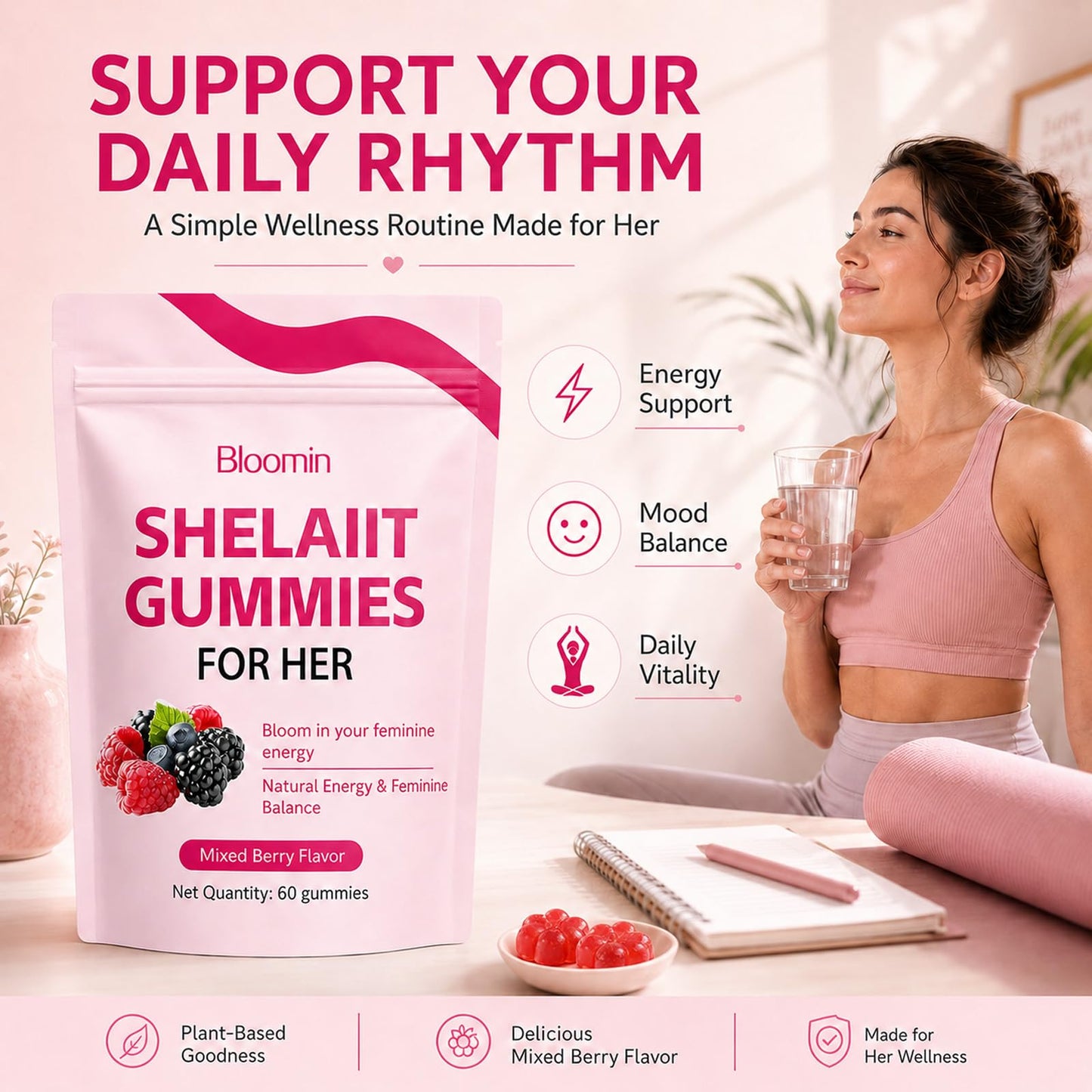 hairhalo Bloomin Shelajit Gummies for Women, Daily Mood, Energy & Vitality Support, Mixed Berry Flavor, 60 Gummies