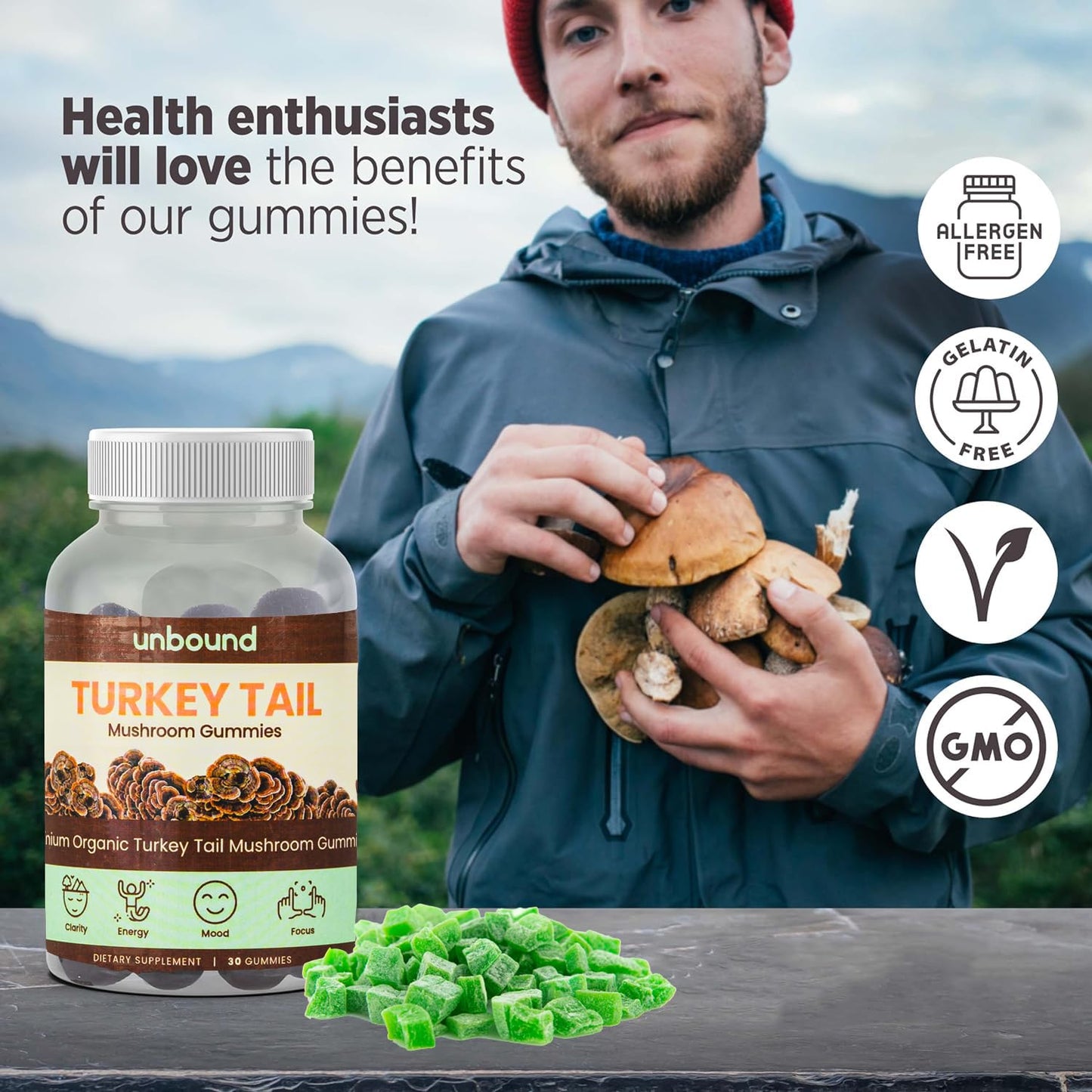 Unbound Mushroom Gummies Premium Organic Turkey Tail Mushroom, 60 Gummies