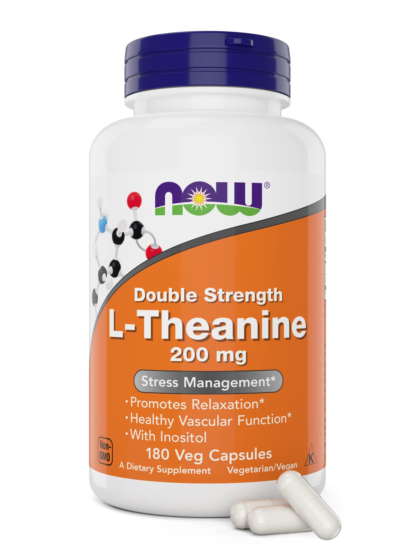 NOW Foods L-Theanine Double Strength 200 mg Per Capsule, Enhanced with 100 mg Inositol, 180 Veg Capsules