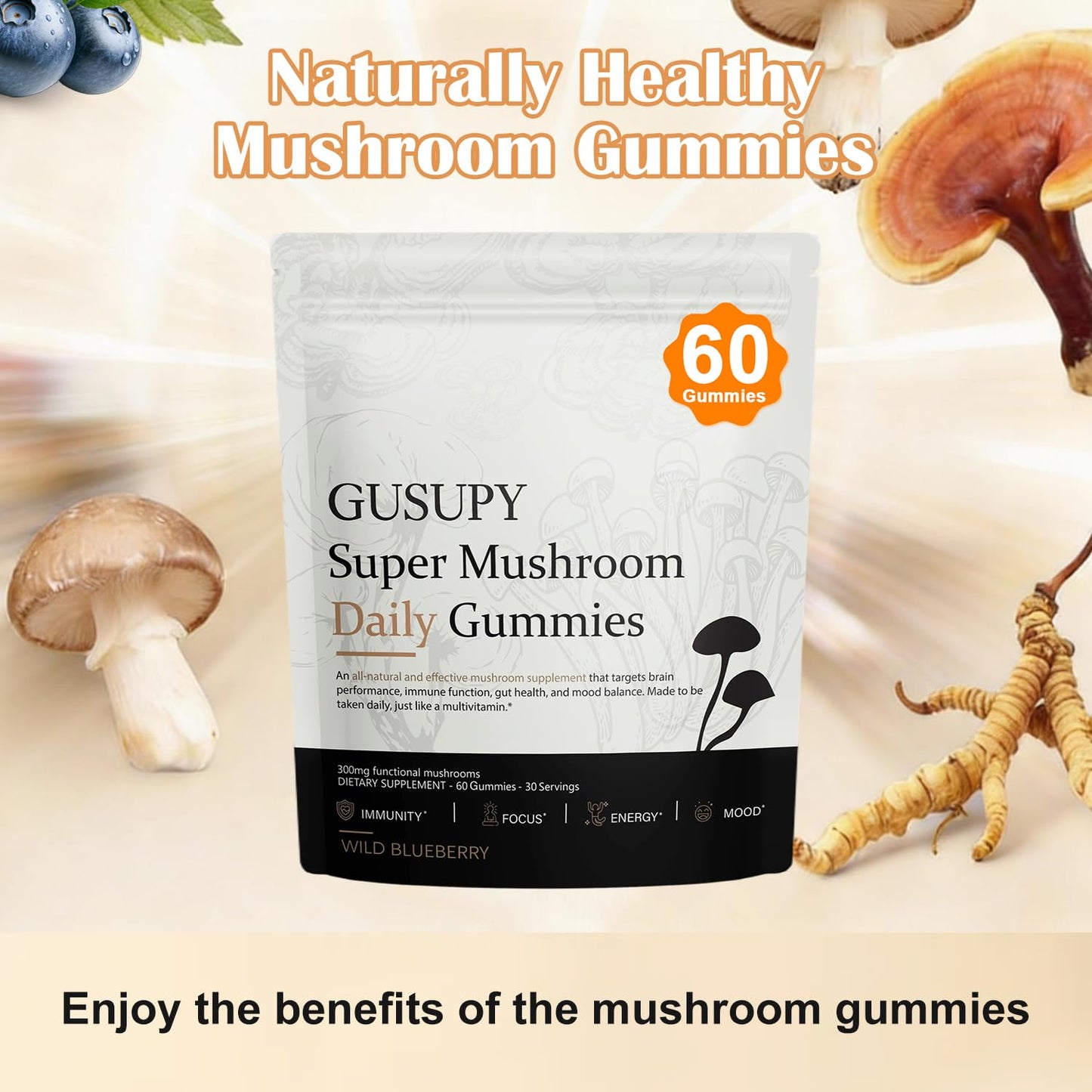 GUSUPY Lions Mane Mushroom Supplement Gummies, 60 Gummies