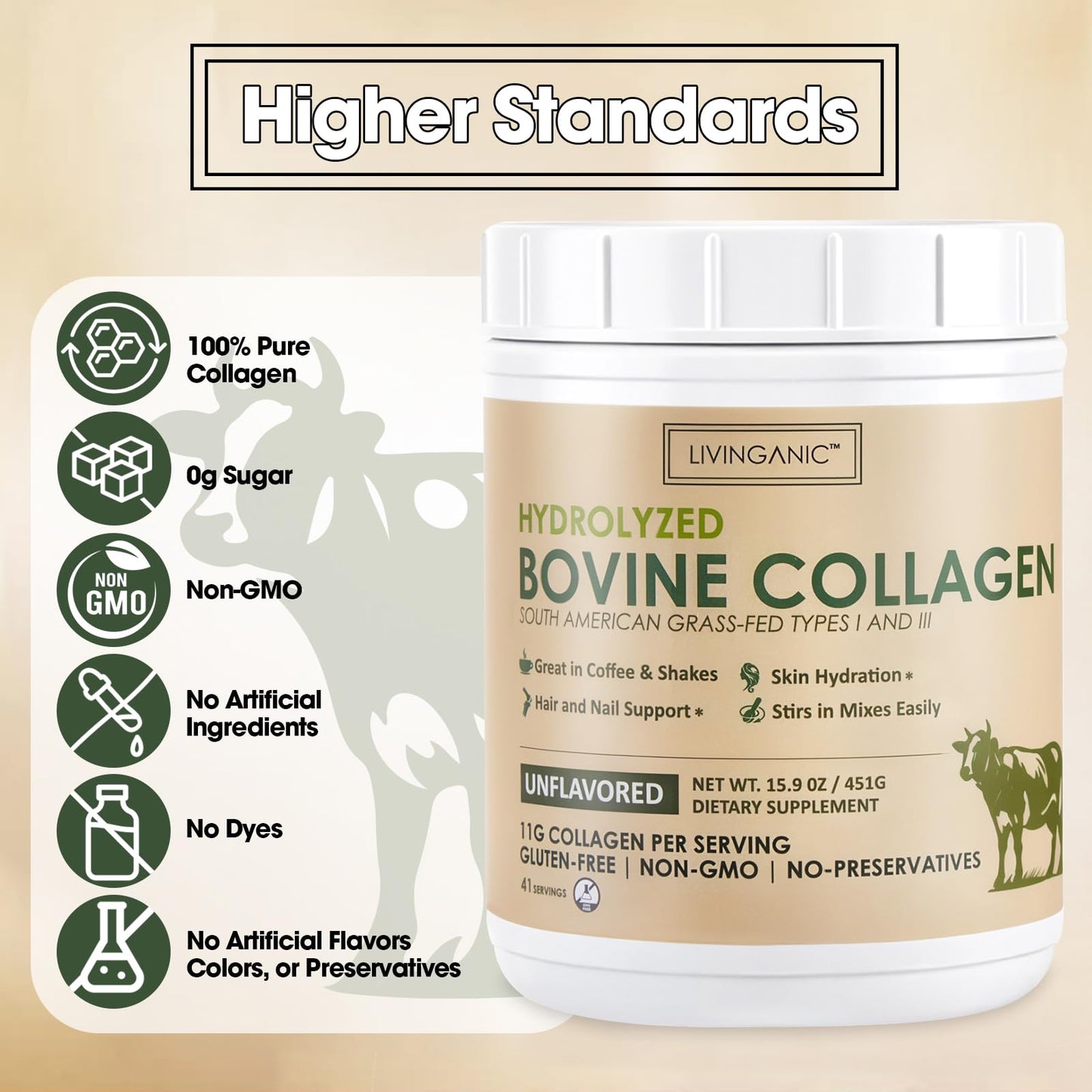 LIVINGANIC Collagen Peptides Powder 15.9 oz