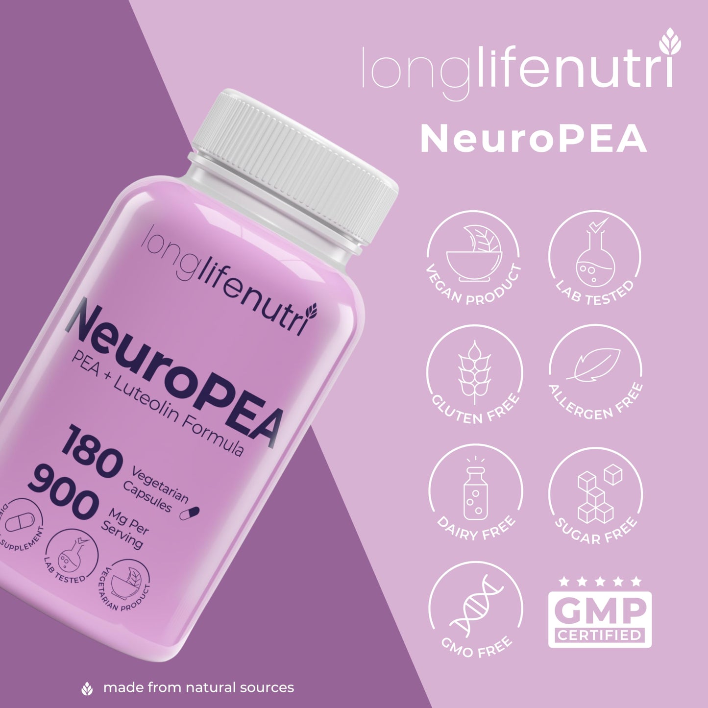LongLifeNutri NeuroPEA Palmitoylethanolamide + Luteolin 800mg/100mg Capsules, 180 Capsules
