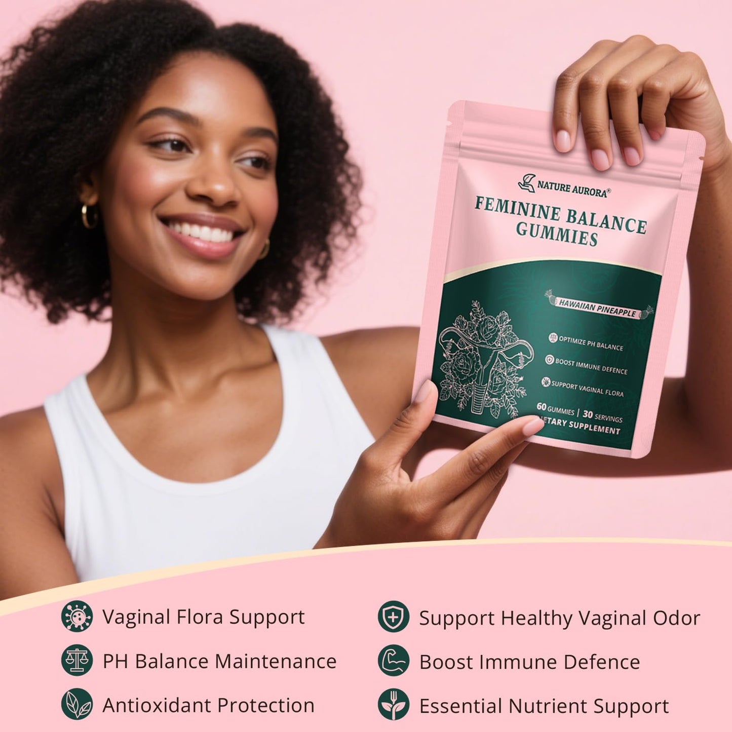 Nature Aurora Feminine Balance Gummies, Vaginal Probiotics for Women, Hawaiian Pineapple 60 Gummies