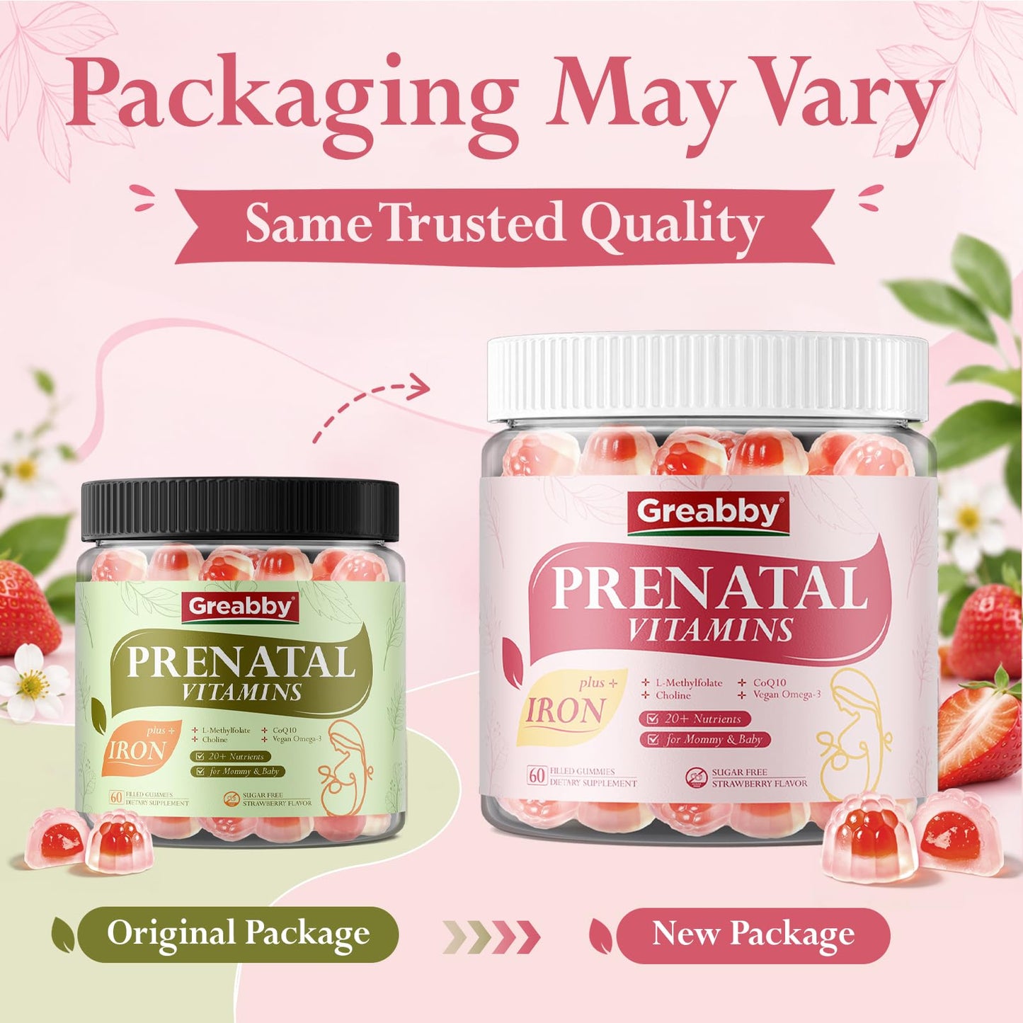 GREABBY Prenatal Vitamins for Women, Choline Prenatal Gummies with Iron, Omega 3 Gummy 60