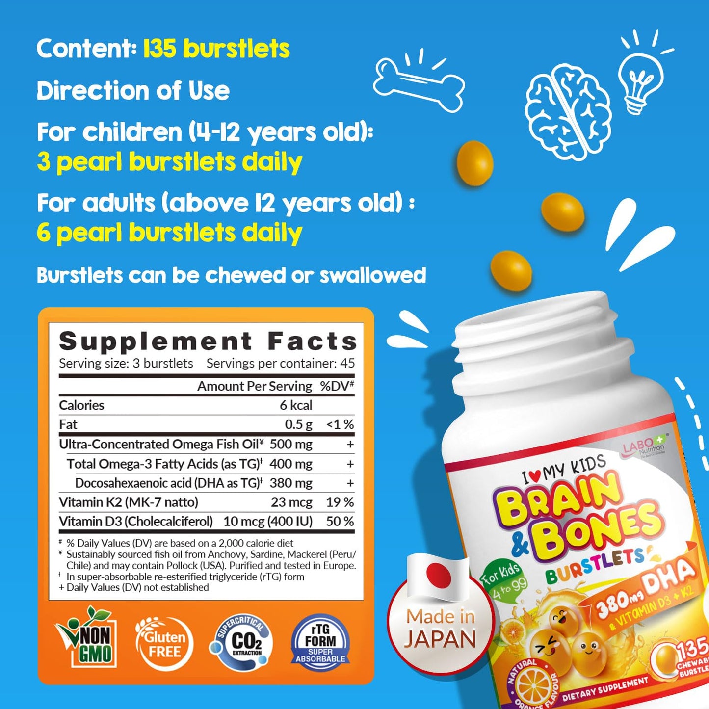 LABO Nutrition Kids Brain & Bones Omega-3 Fish Oil Supplement Chewable 135 Count