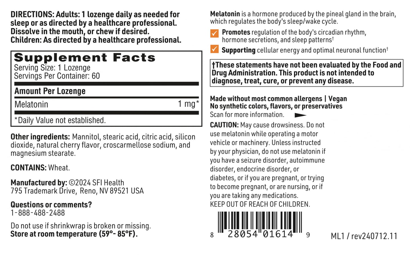 SFI Health Melatonin Tablets, 60 Count