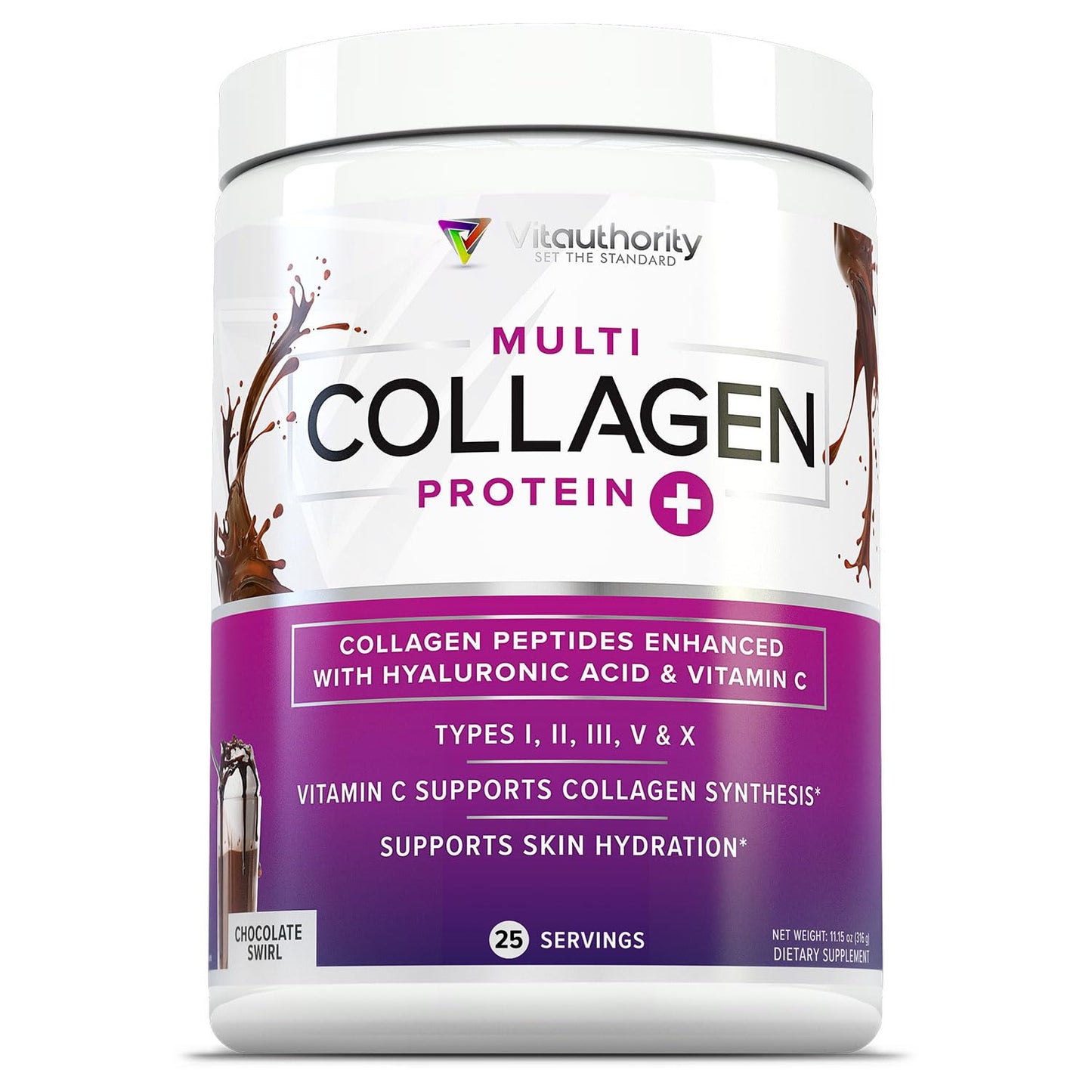 Vitauthority Multi Collagen Peptides Powder for Women Hydrolyzed Chocolate Collagen Powder with Types I II III V & X Vitamin C & Hyaluronic Acid for Hair Skin and Nails, 11.15 oz