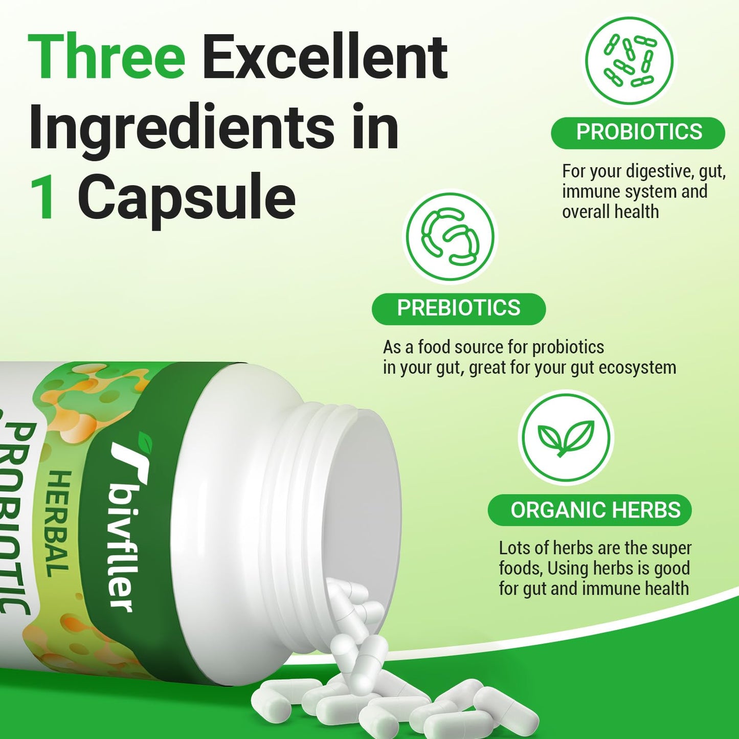 Tbivfller Probiotics for Women and Men, 300 Billion CFU, 24 Strains + 15 Organic Herbs Prebiotics Blend, Probiotic & Prebiotic Formula for Digestive Health and Immune Support, Vegan, 120 Capsules