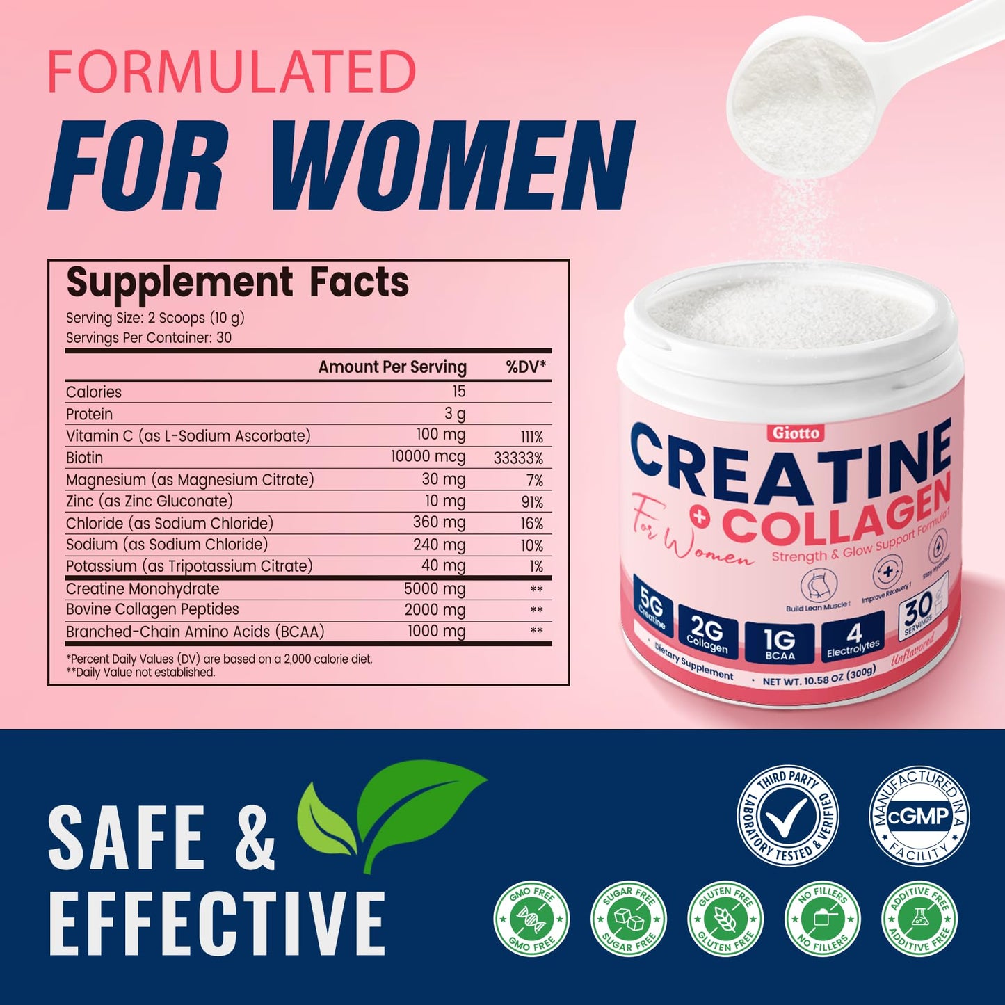 Giotto Creatine Powder for Women – 30 SVG, 5g Monohydrate Creatine with 2g Collagen, 1g BCAAs & Electrolytes for Lean Muscle, Strength & Recovery – Unflavored, 10.6 Ounce