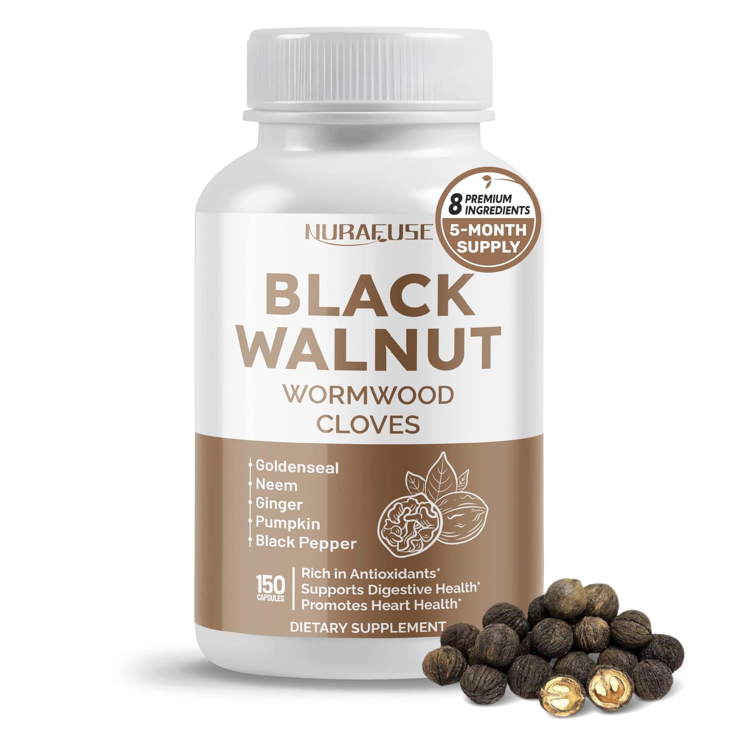 NURAFUSE Black Walnut Wormwood Whole Cloves Goldenseal Capsule 150 Count