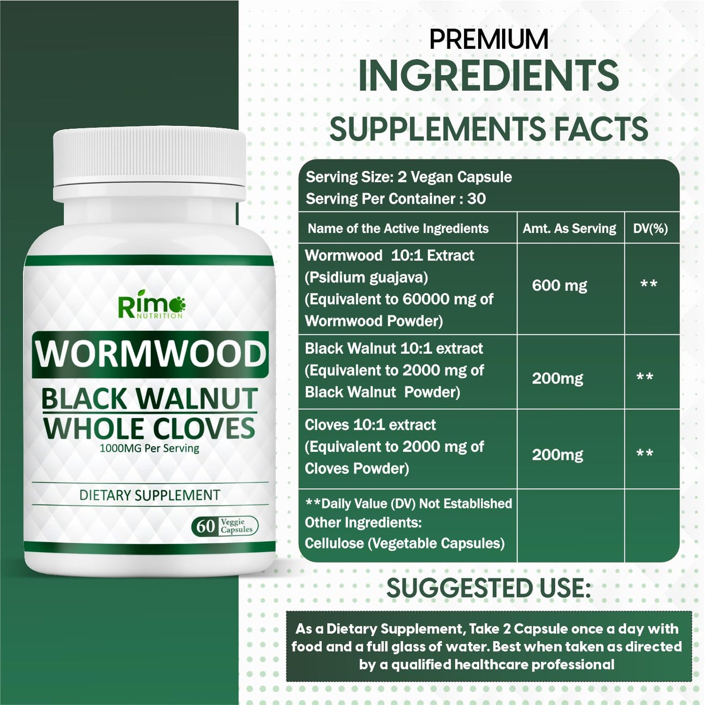 Rimo Nutrition Wormwood Black Walnut Clove Capsules 60 Count