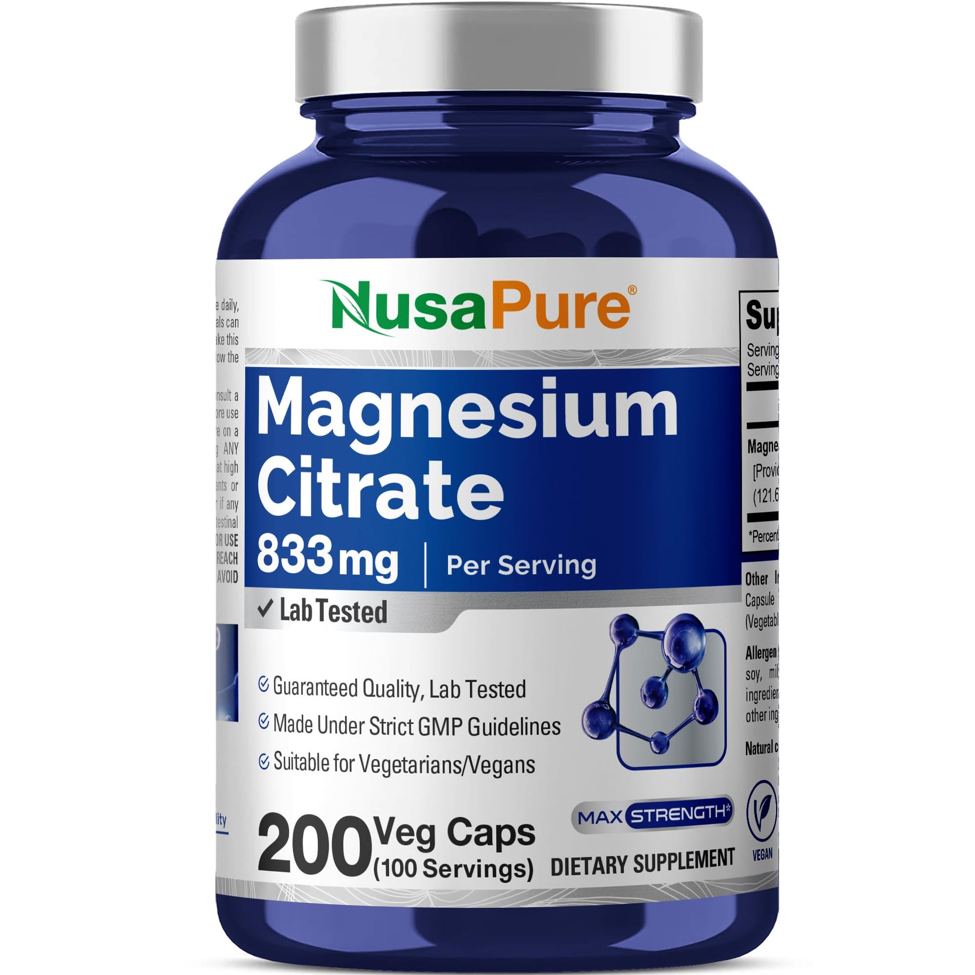 NusaPure Magnesium Citrate 833mg Capsule, 200 Count