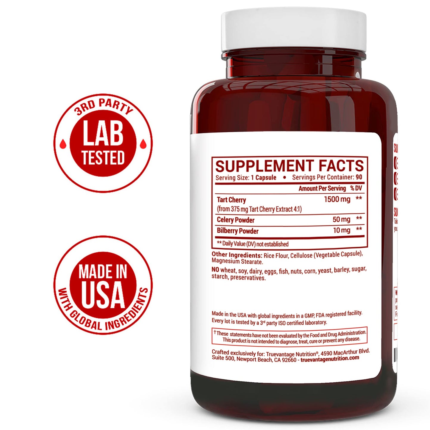Truevantage Nutrition Tart Cherry Extract Capsules with Celery Seed Extract and Bilberry, 90 Capsules