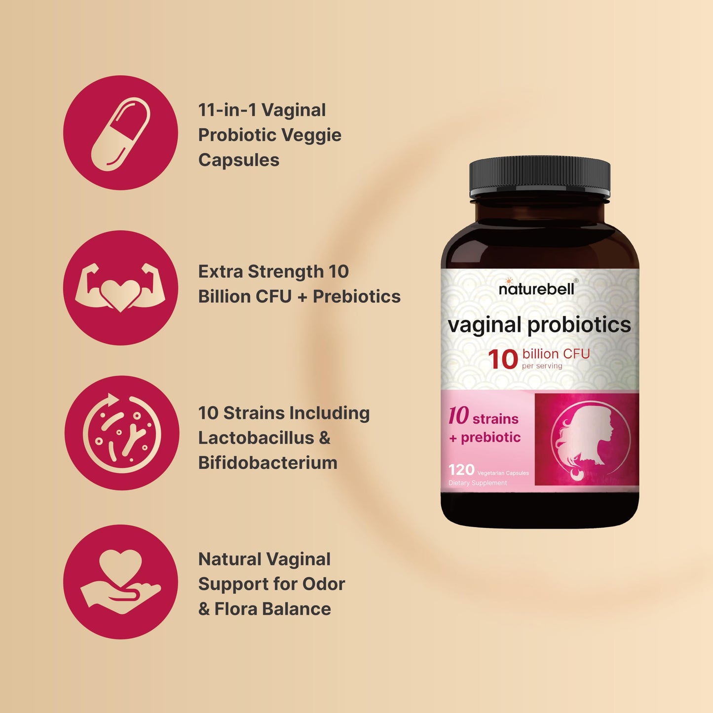 NatureBell Vaginal Probiotics for Women, 10 Billion CFU, 120 Veggie Capsules