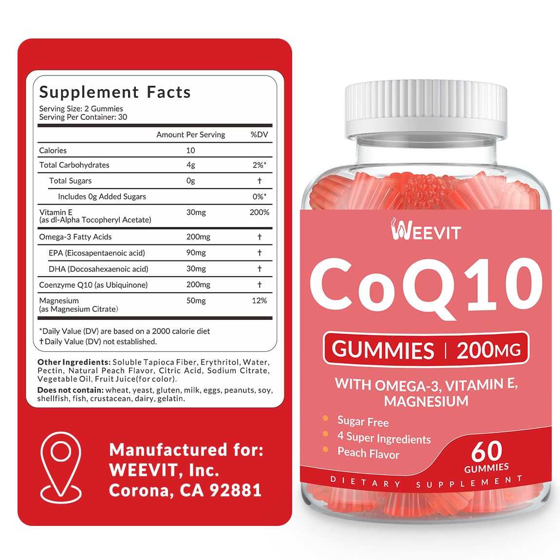 WEEVIT CoQ10 200mg Gummies with Omega-3, EPA + DHA, Magnesium & Vitamin E, 120 count