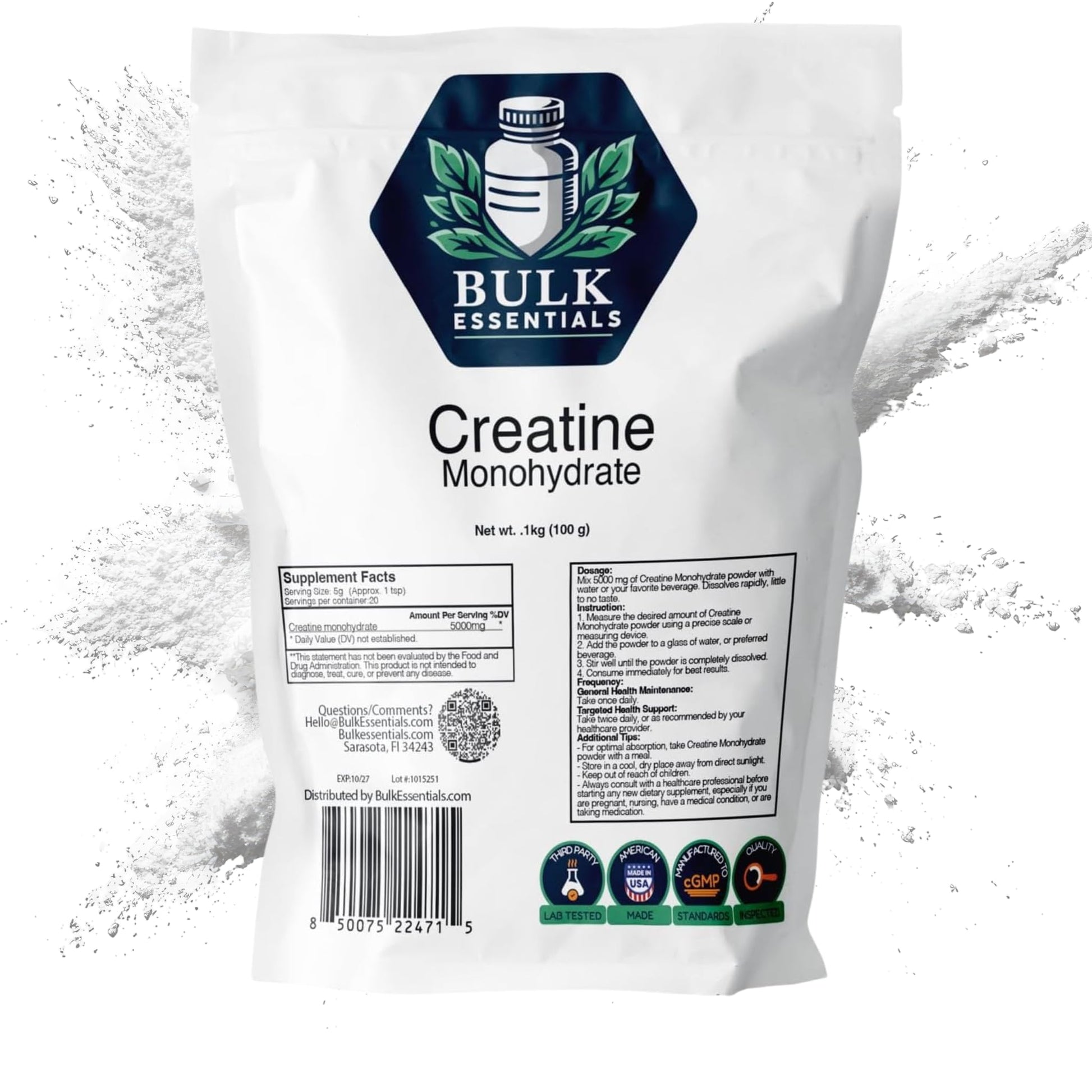 Bulk Essentials Micronized Creatine Monohydrate Powder 3.52 oz, 20 Servings