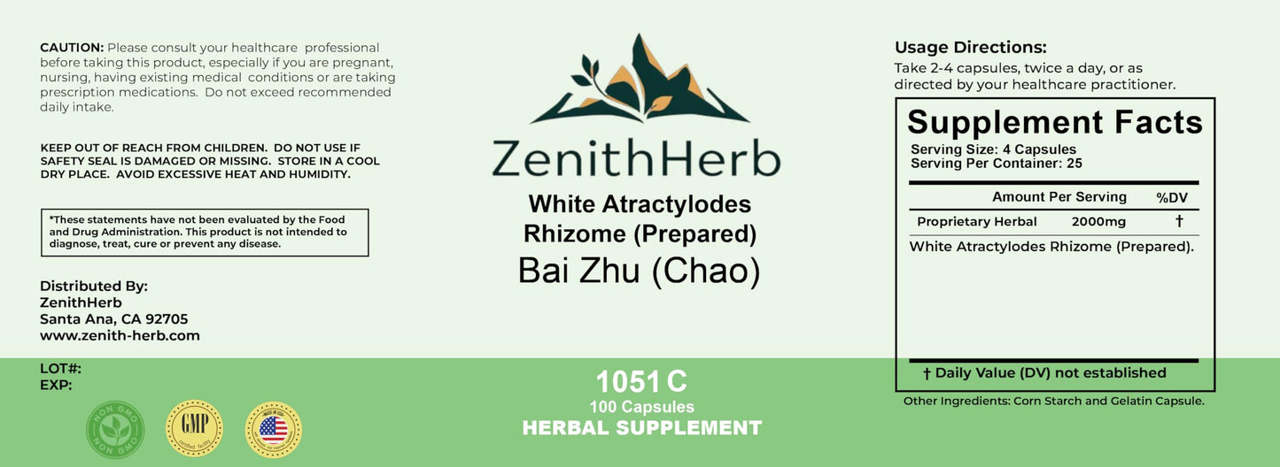 ZenithHerb Bai Zhu (Chao), White Atractylodes Rhizome (Prepared) Capsules 200