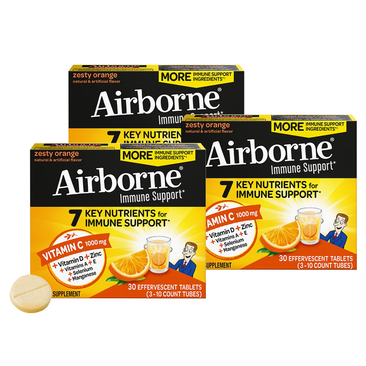 Airborne 1000mg Vitamin C + Zinc Sugar Free Multivitamin Immune Support Effervescent Tablets, 90 Tablets