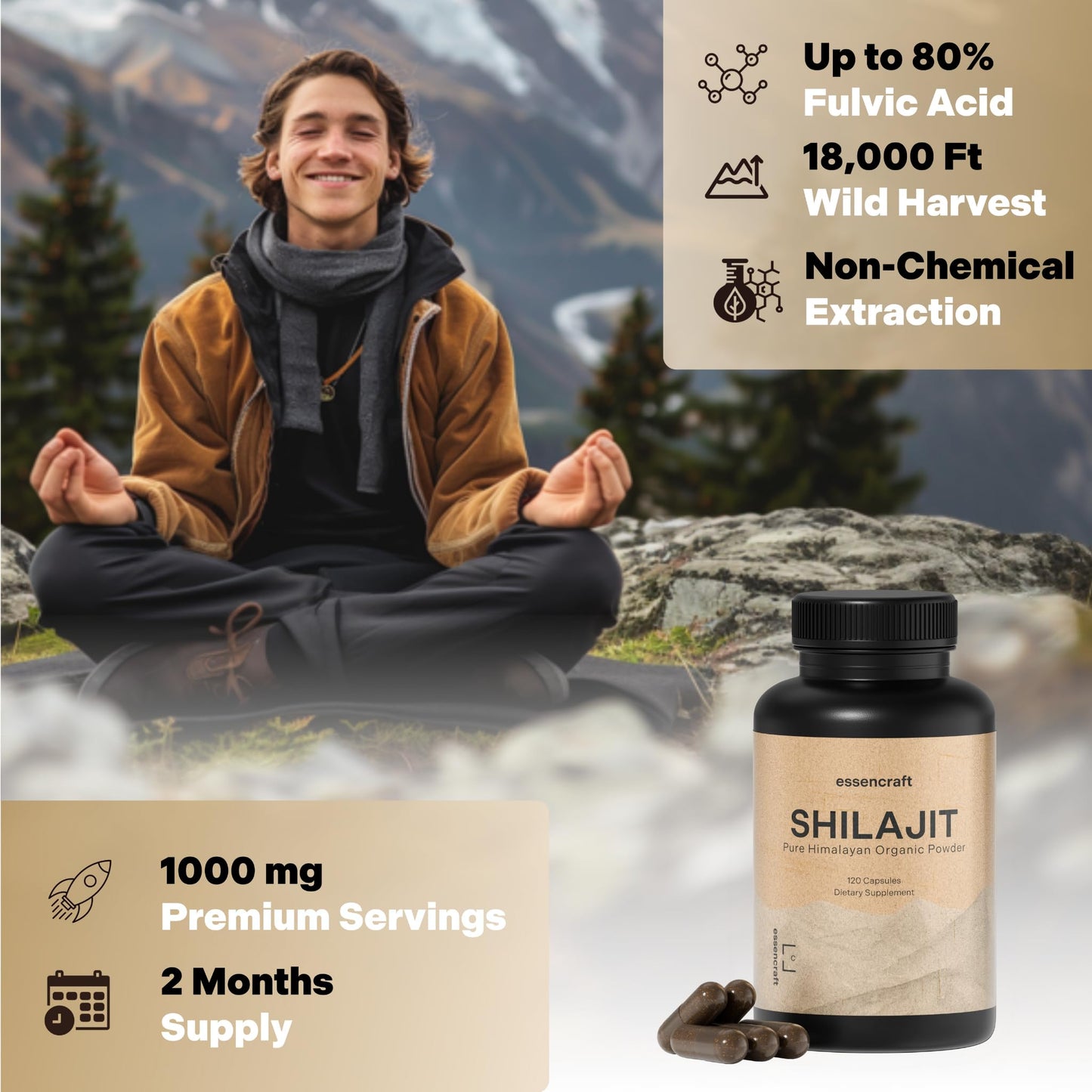 Essencraft Organic Himalayan Shilajit Resin Extract 1000mg Capsules 120 Count