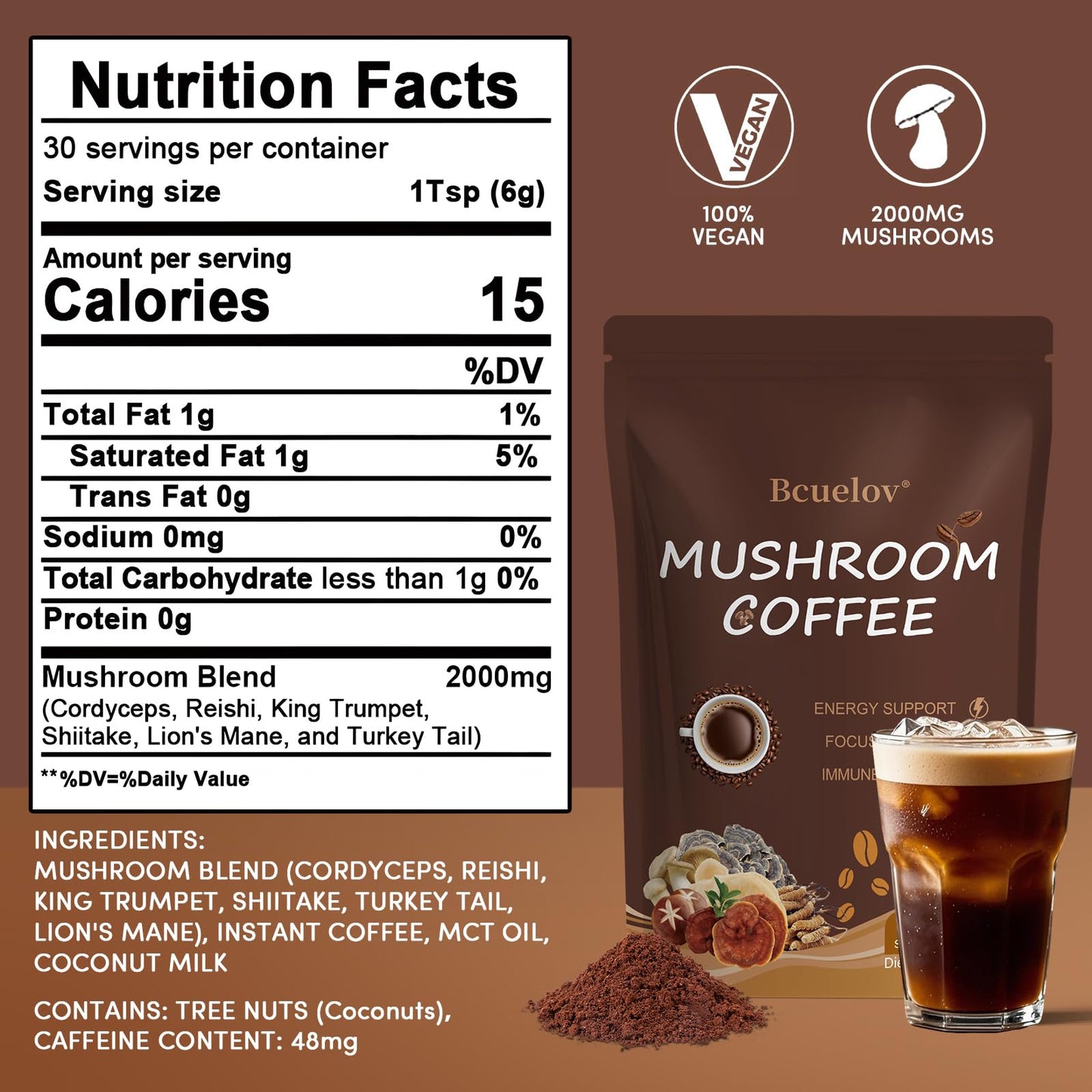 Bcuelov Mushroom Coffee Powder with 6 Adaptogenic Mushrooms (Cordyceps, Lion’s Mane, Shiitake, Turkey Tail) and MCT Oil for Energy, Focus, Immune Support, 6.35 Ounce