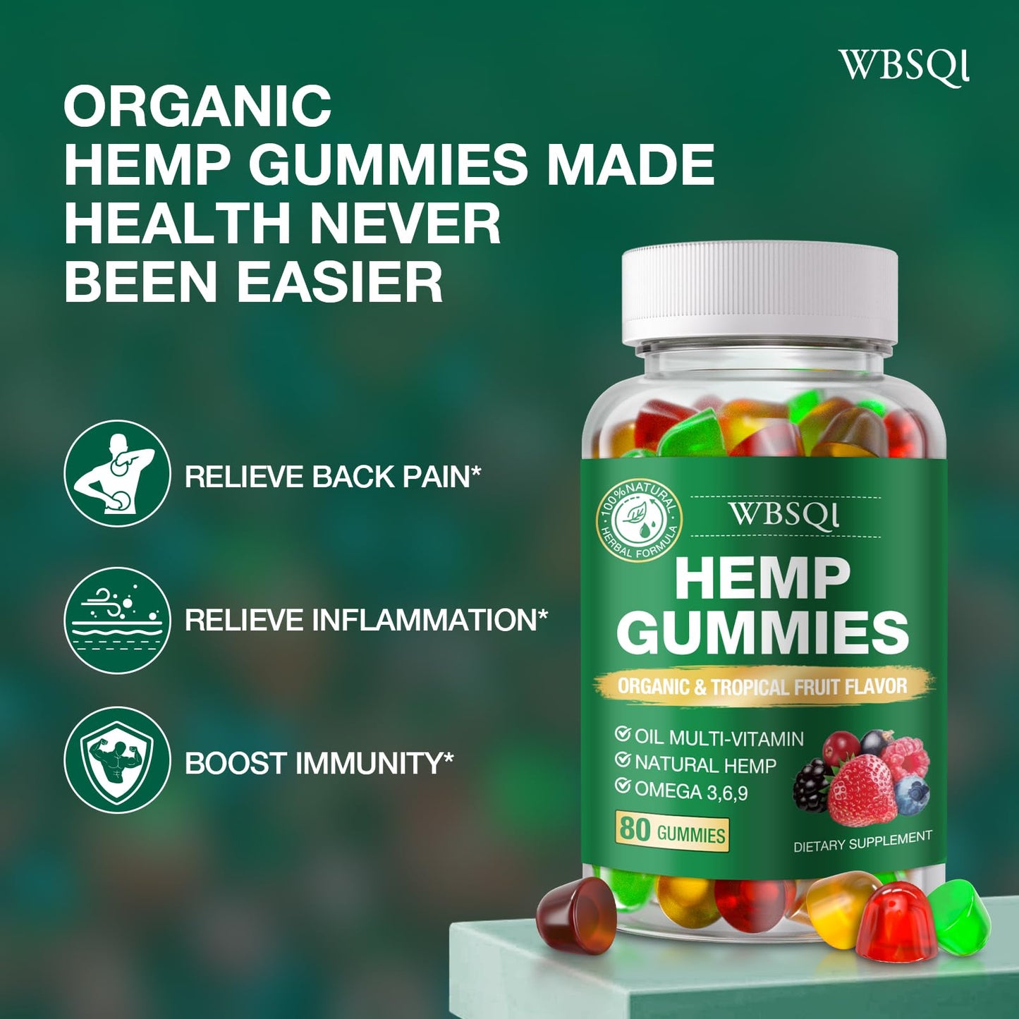 WBSQL Hemp Gummies for Sleep, Pain & Anxiety with Natural Hemp Oil Extract, Vegan, Non-GMO, 160 Gummies