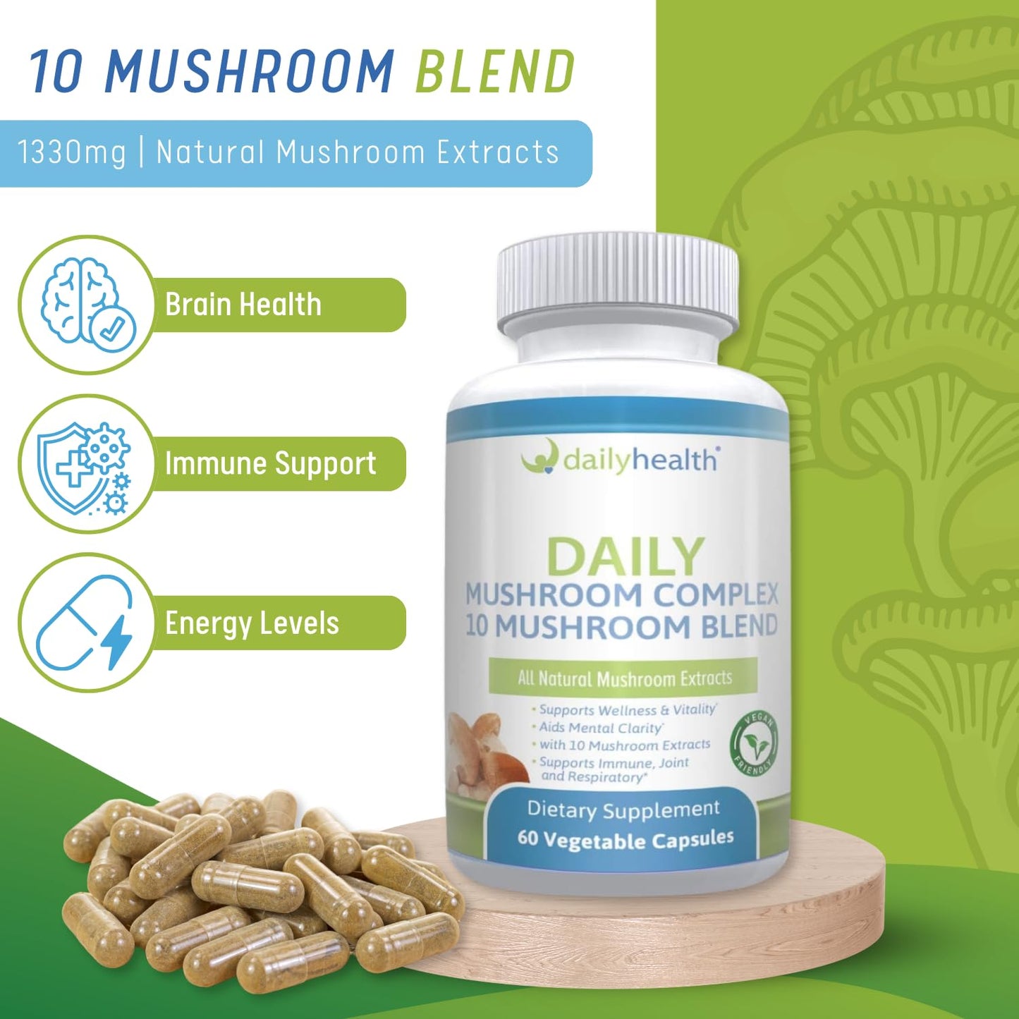 Daily Health 10 Mushroom Blend Complex All Natural Extract Vegan Friendly 180 Veg Capsules