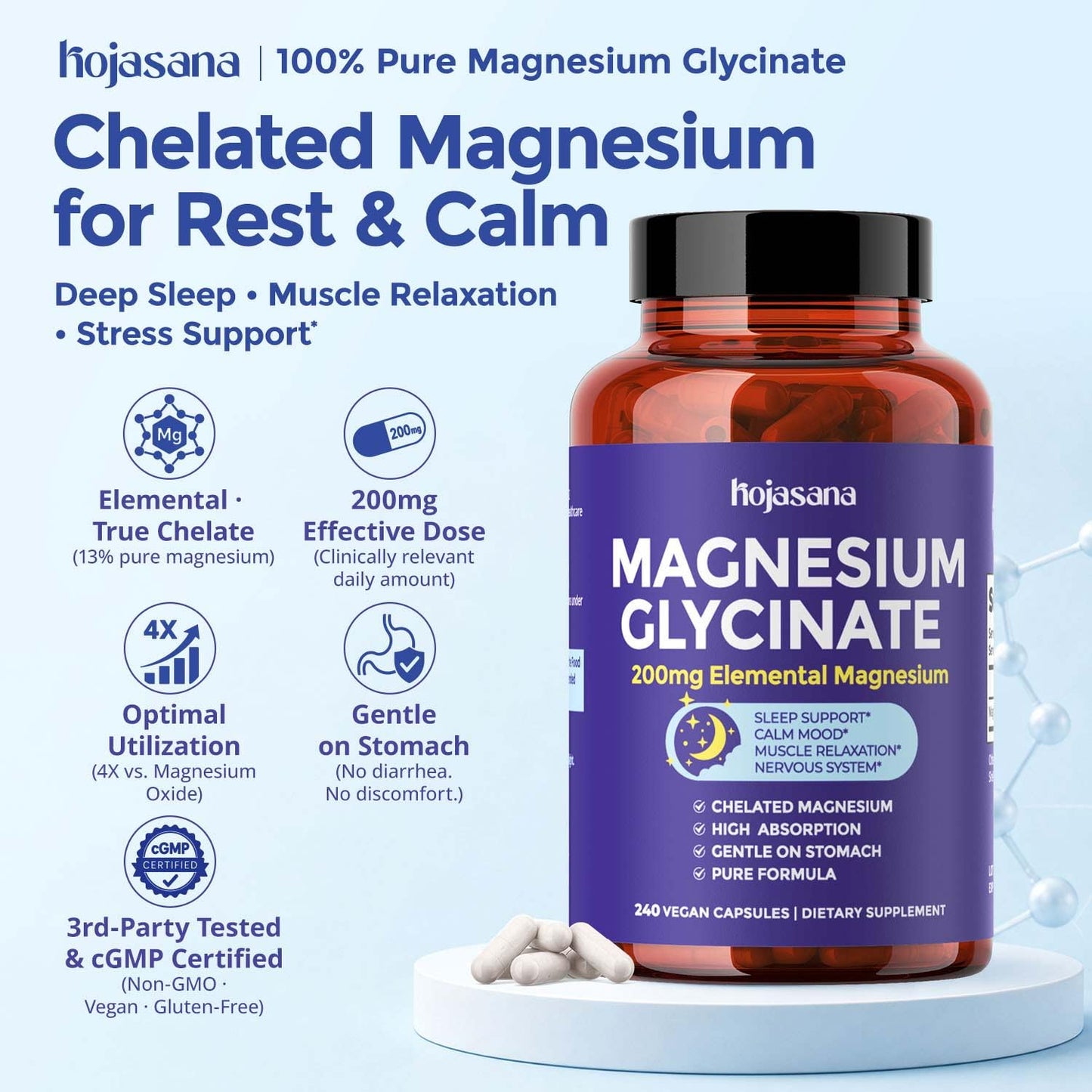 HojaSana Magnesium Glycinate 200mg Chelated High Absorption Capsules, 240 Capsules