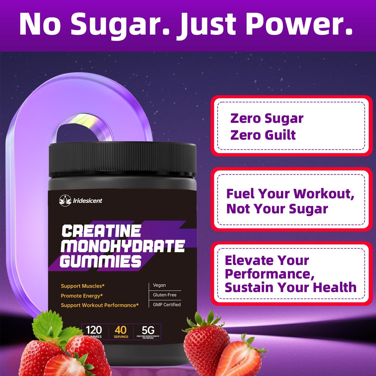 IRIDESICENT Creatine Gummies 5000mg – Sugar Free Creatine Monohydrate, Vegan Chewables Gummy, 120 Count