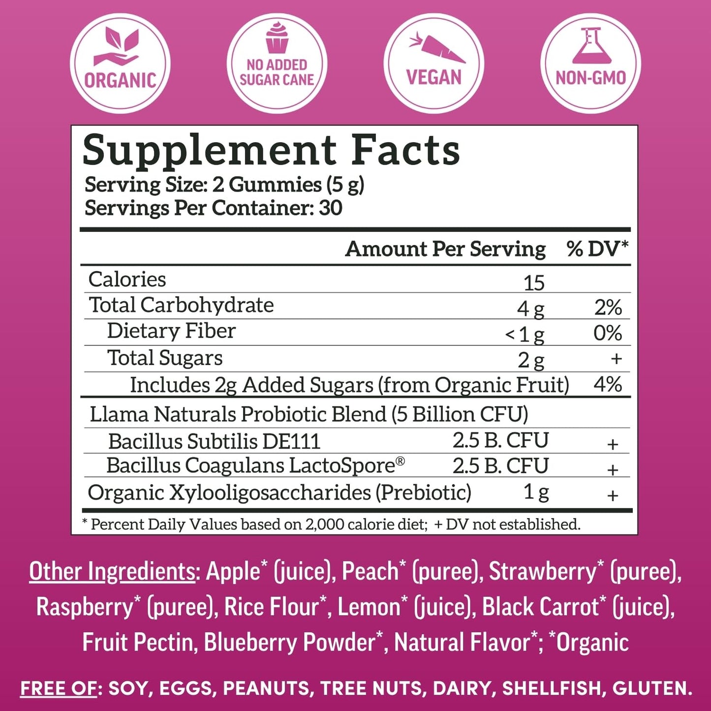 Llama Naturals Probiotics for Women and Men with Prebiotic Fiber, Vegan, Organic Probiotic for Gut Health Support, Real Fruit Vitamins, Mixed Berry Gummies 60 Count