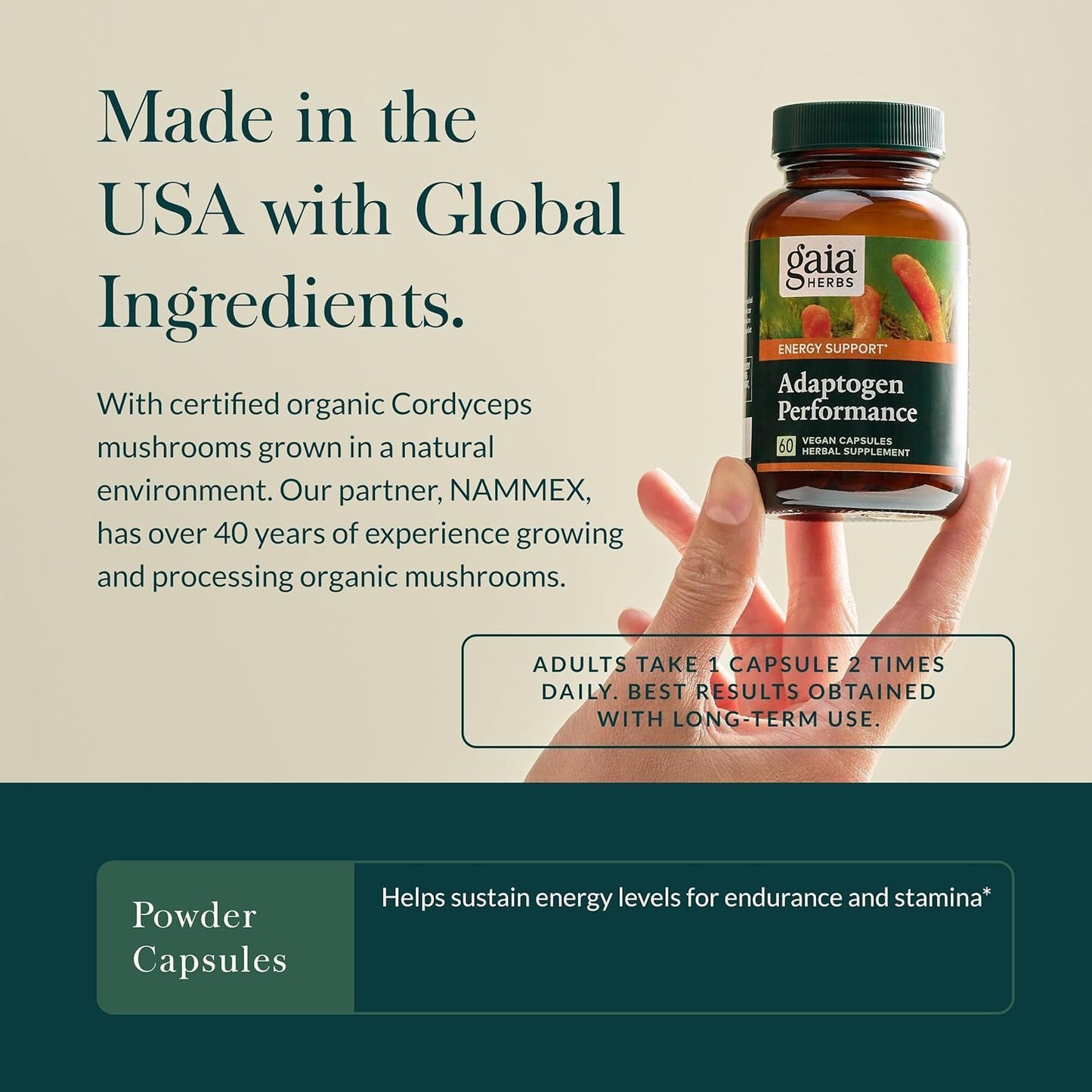 Gaia Herbs Adaptogen Performance Energy Support Supplement with Cordyceps & Ashwagandha 60 Capsules
