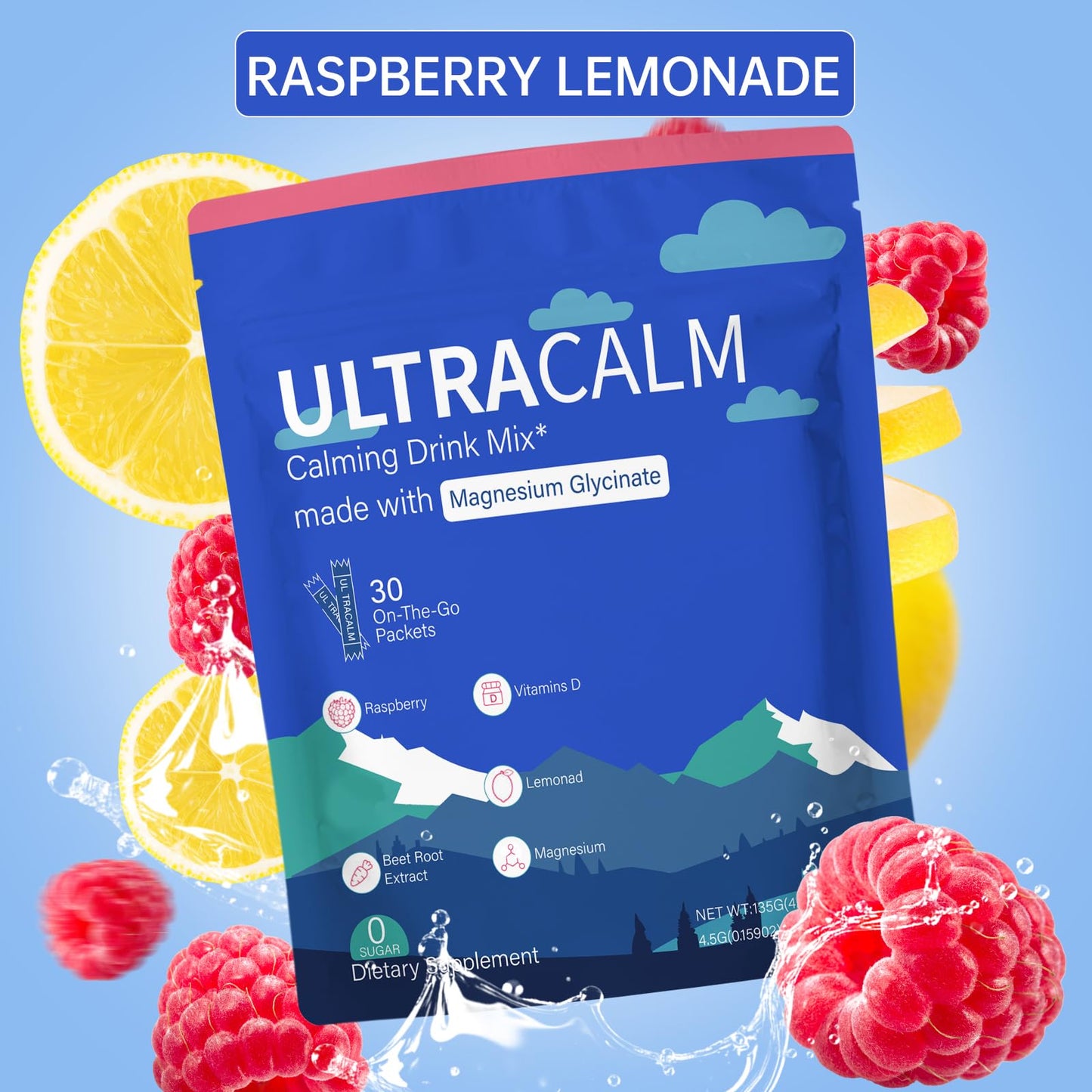 EWJHJ UltraCalm Super Calm Cortisol Drink Magnesium Glycinate Powder with Ashwagandha L-Theanine Vitamin D3 Raspberry Lemonade, 4.76 Ounce