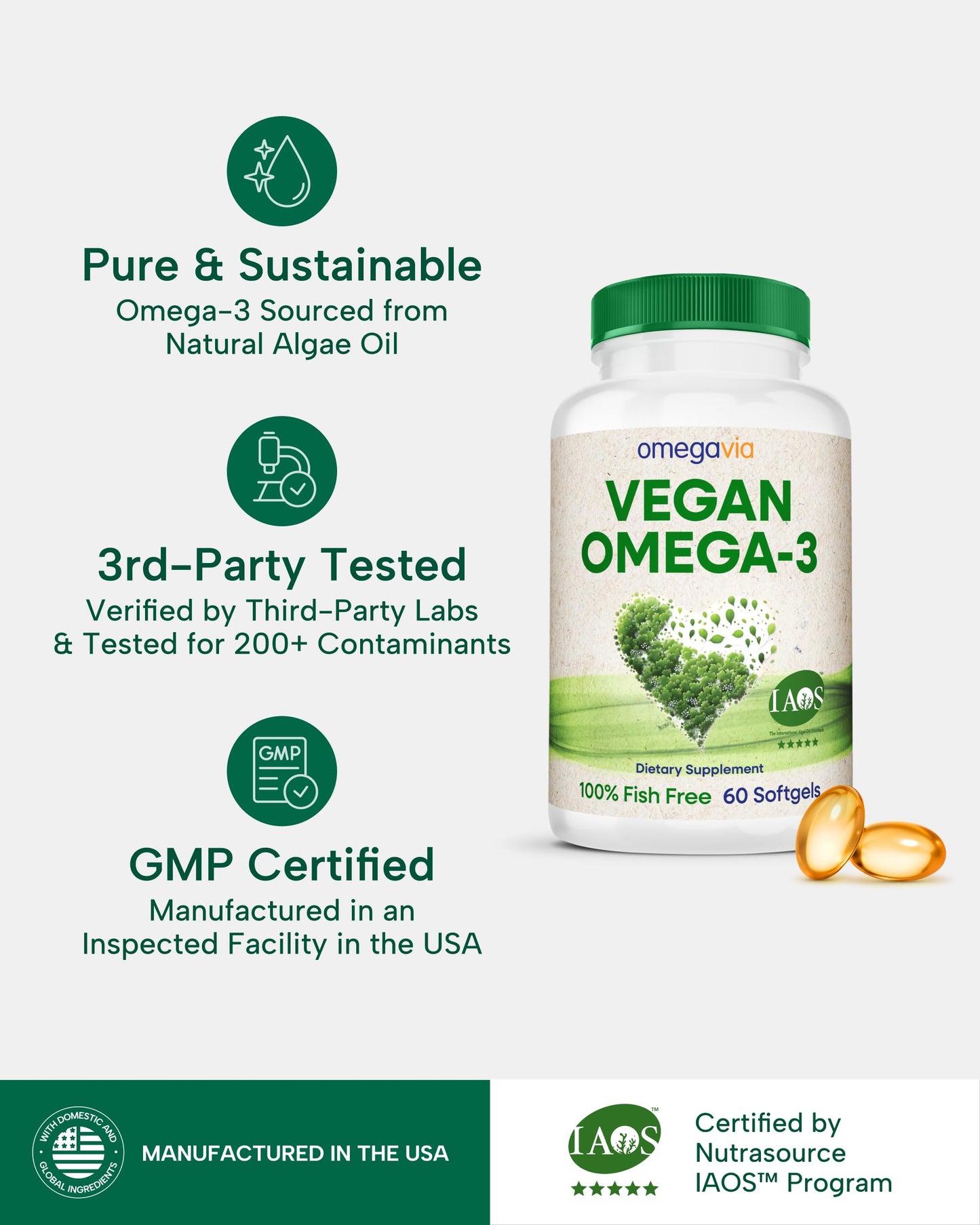 OmegaVia Vegan Omega-3 Softgels, 60 Count