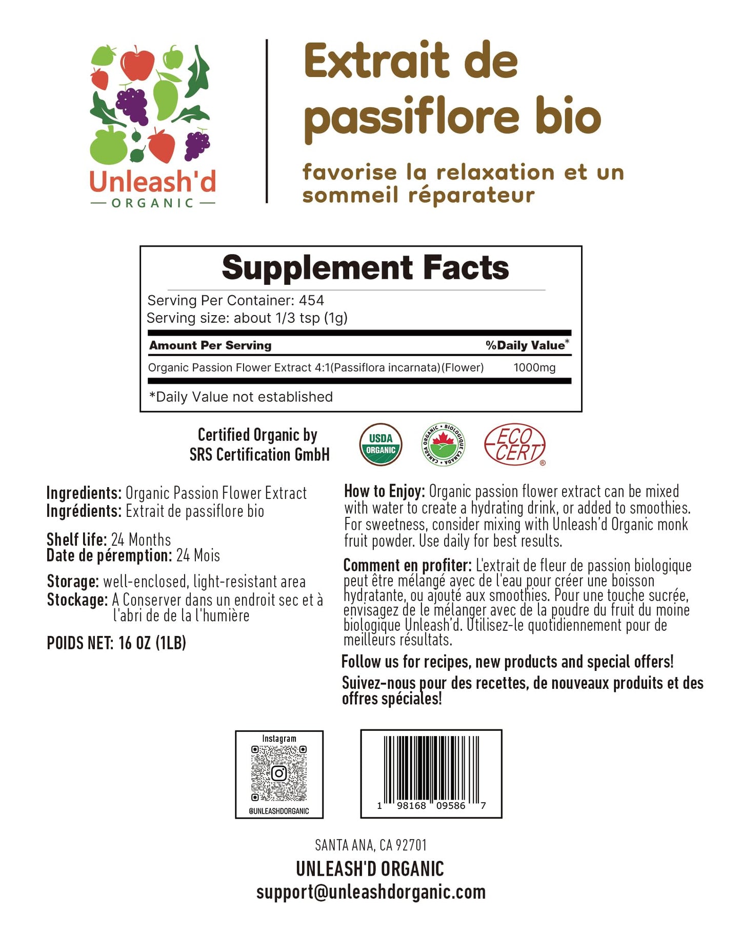 UNLEASH'D ORGANIC Passion Flower Extract Powder, 16 oz