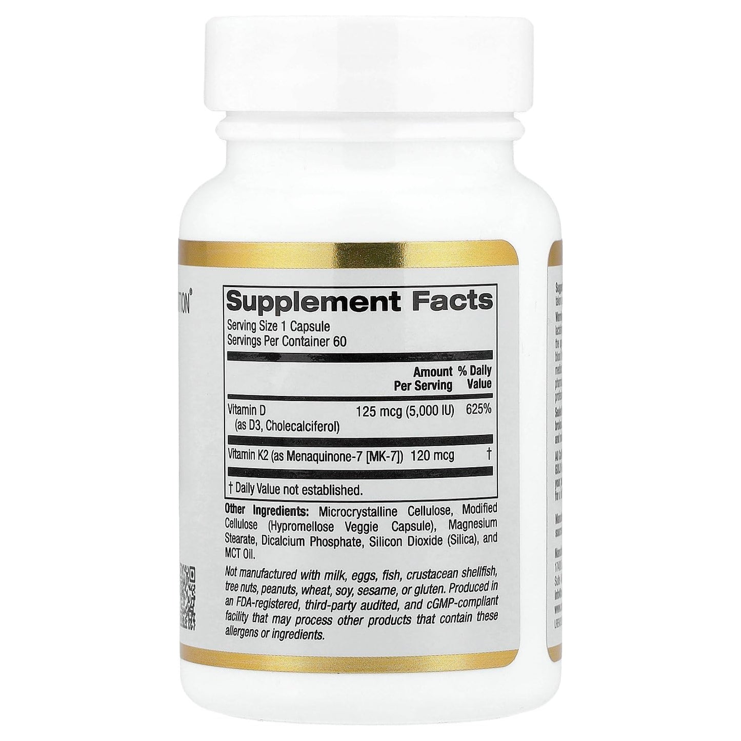 California Gold Nutrition Vitamin D3 + K2 as MK-7 Veggie Capsules, 60 Capsules