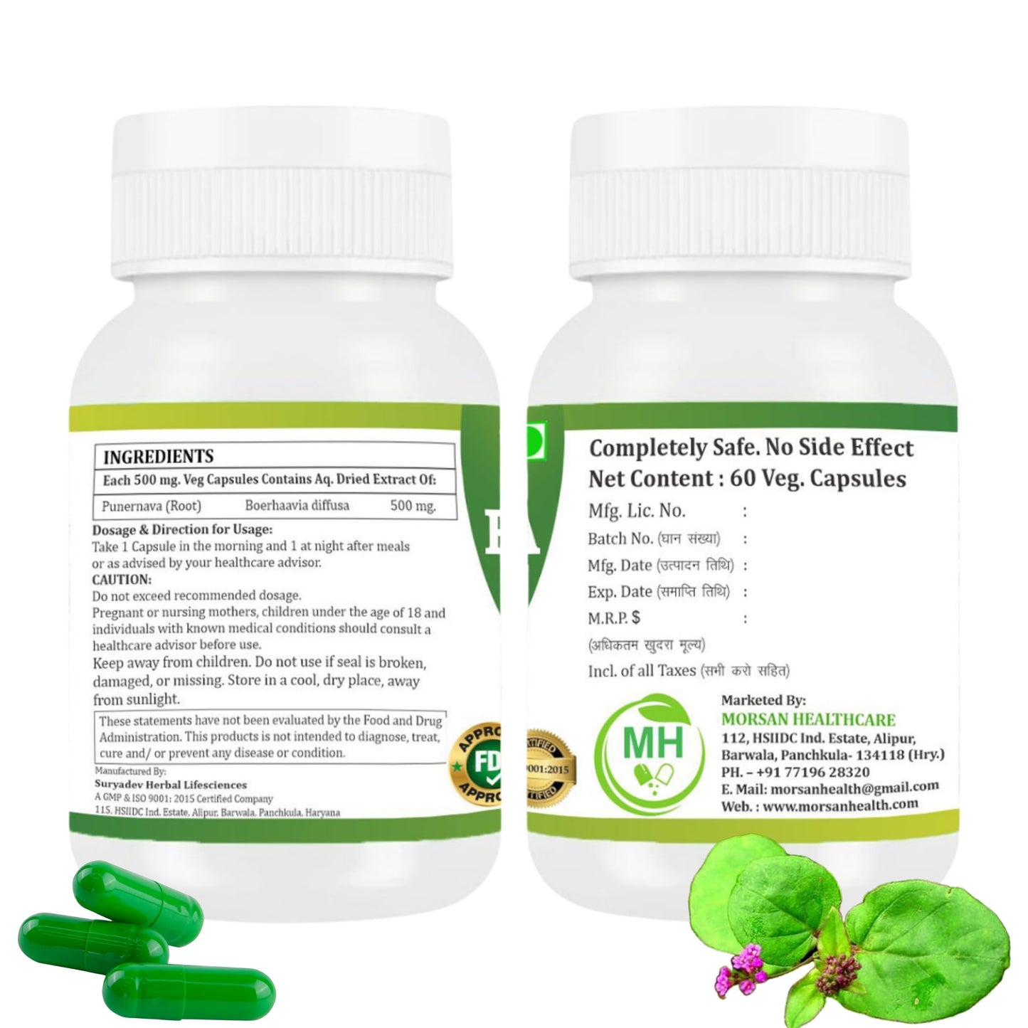 Morsan Healthcare Punarnava (Boerhaavia Diffusa) 500mg Capsules, 120 Count