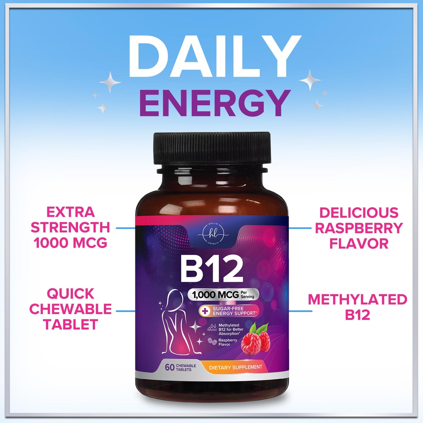 Hello Lovely! Vitamin B12 1000 mcg Chewables, 60 Count