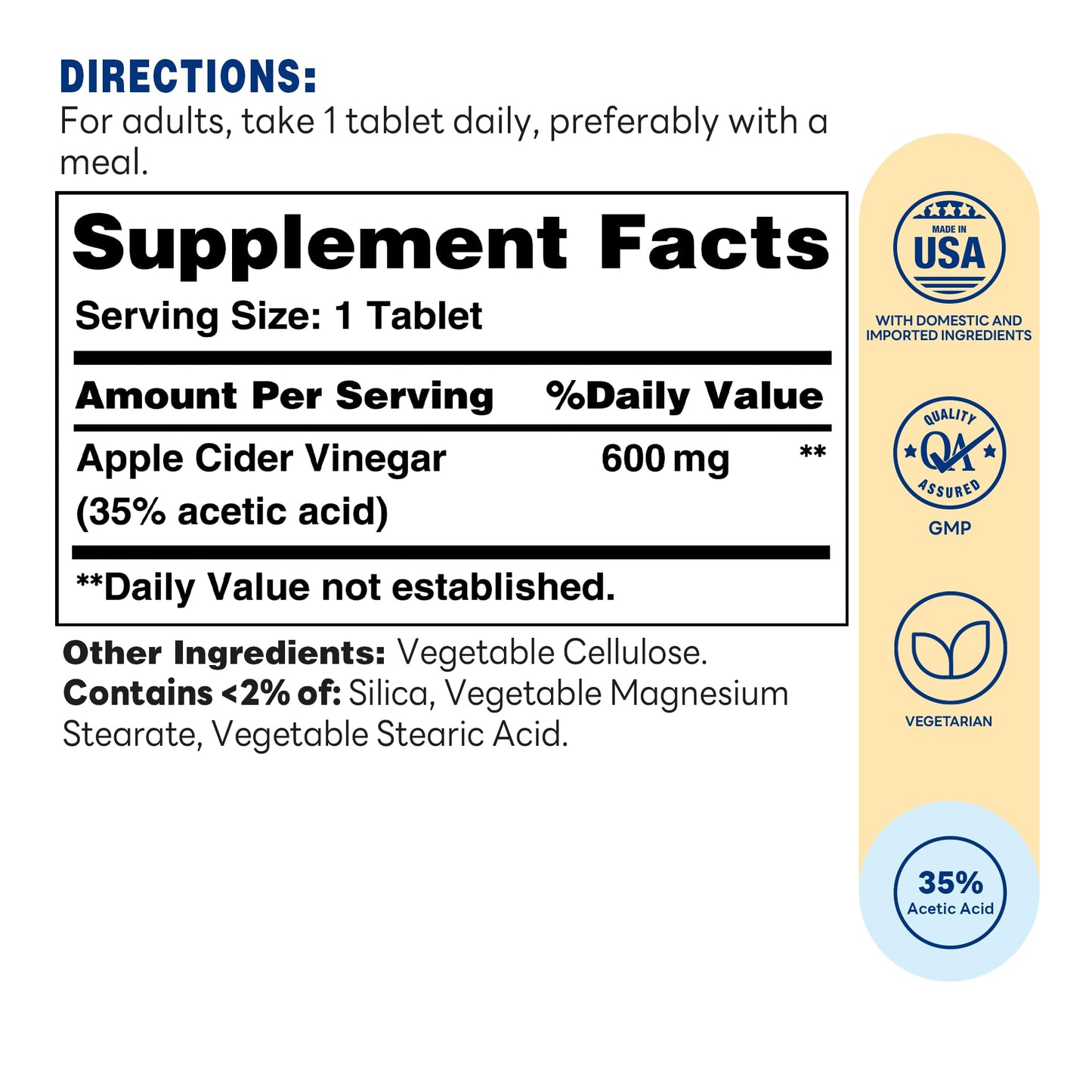 Vitamin World Apple Cider Vinegar 600 mg Tablets, 200 Count