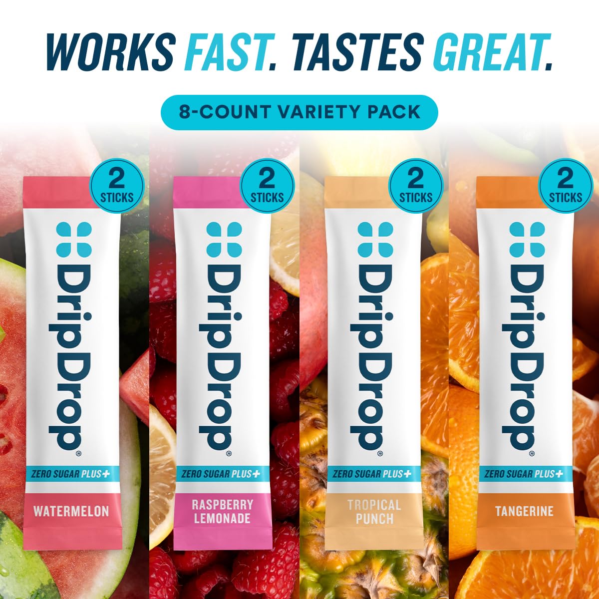 DripDrop Hydration Zero Sugar Plus Electrolyte Packets Powder, 8 Count