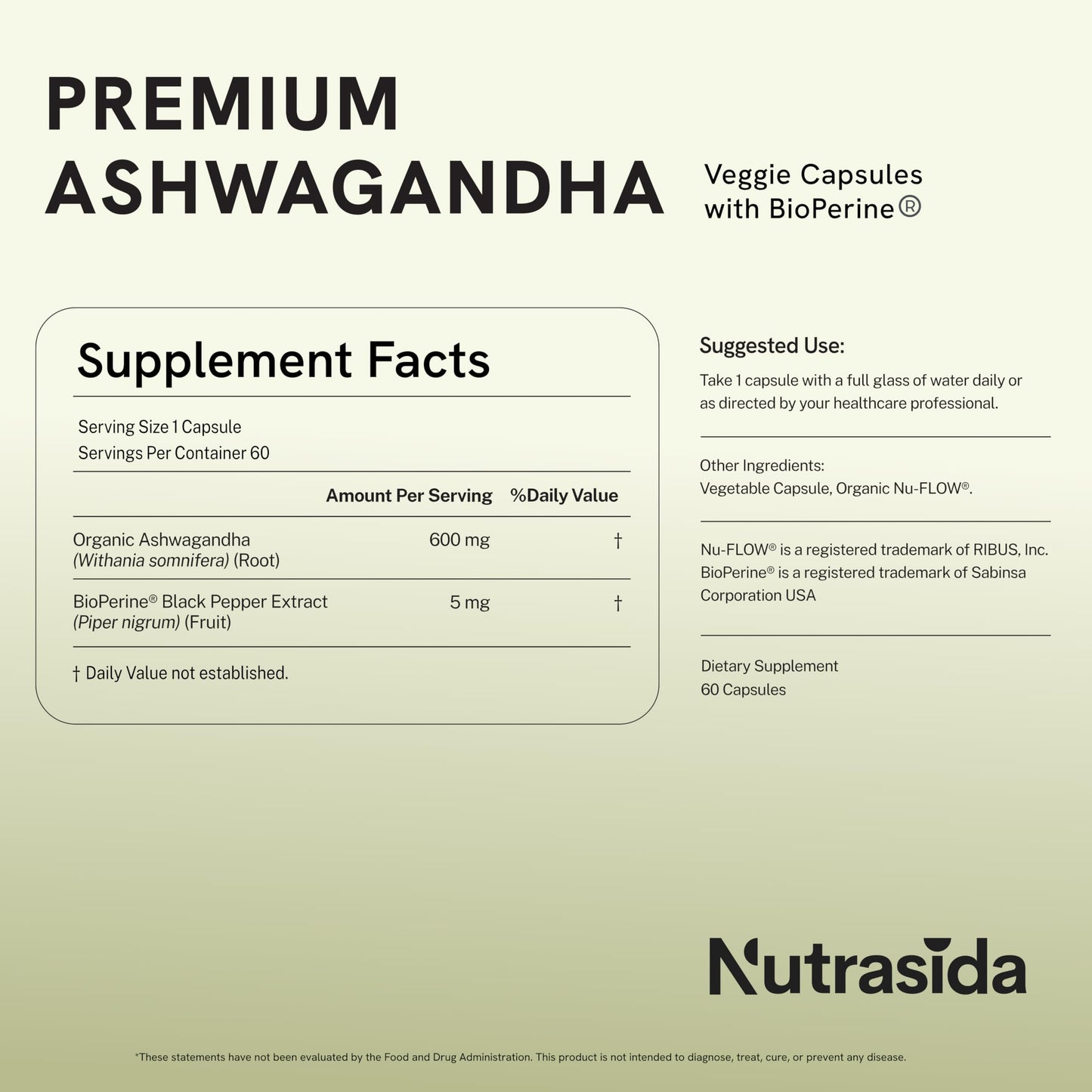 Nutrasida Ashwagandha 600mg with BioPerine Organic Ashwagandha Root Extract, Vegan Capsules, Non-GMO, Gluten-Free, 60 Capsules