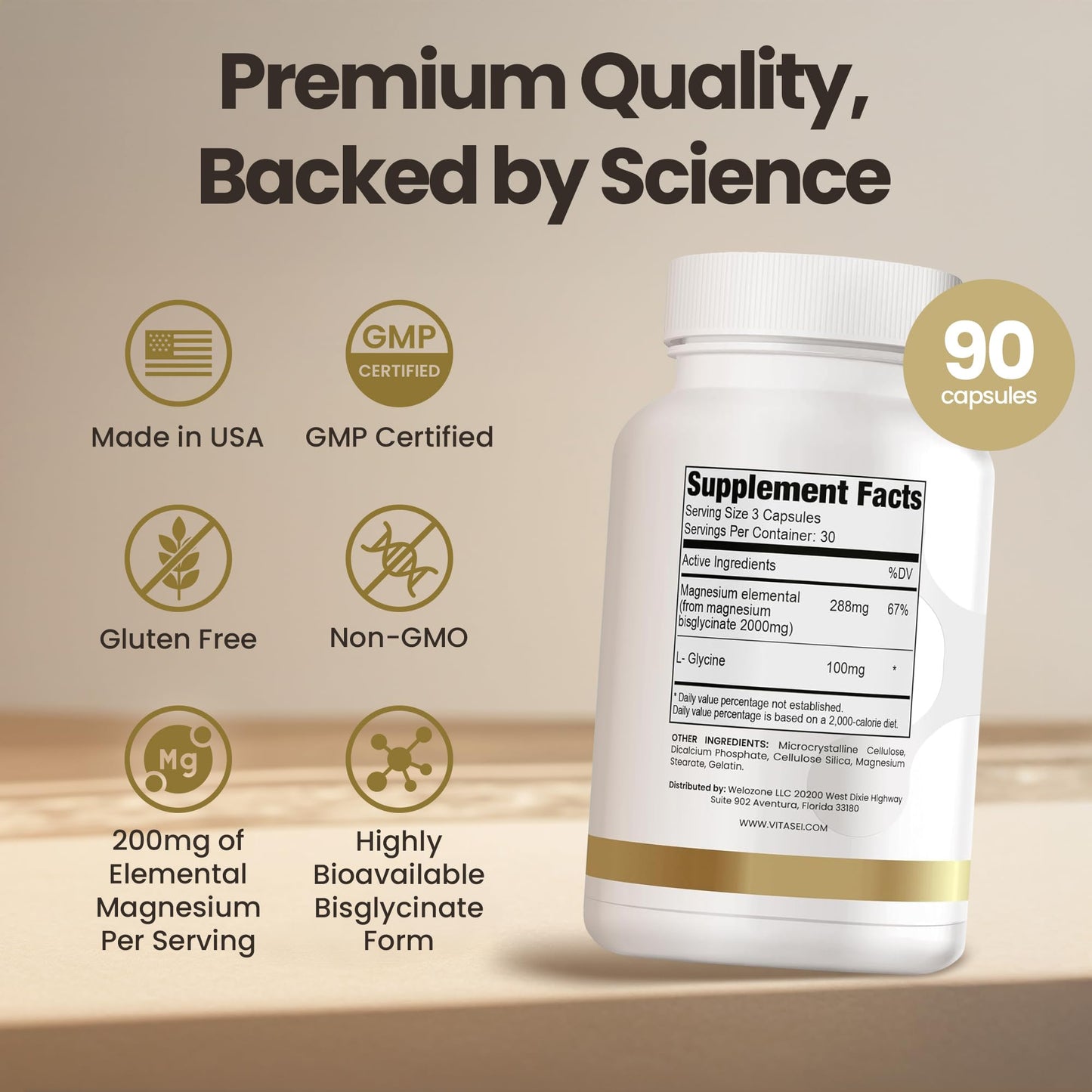 VITASEI Magnesium Bisglycinate Supplement Capsule 90 Count