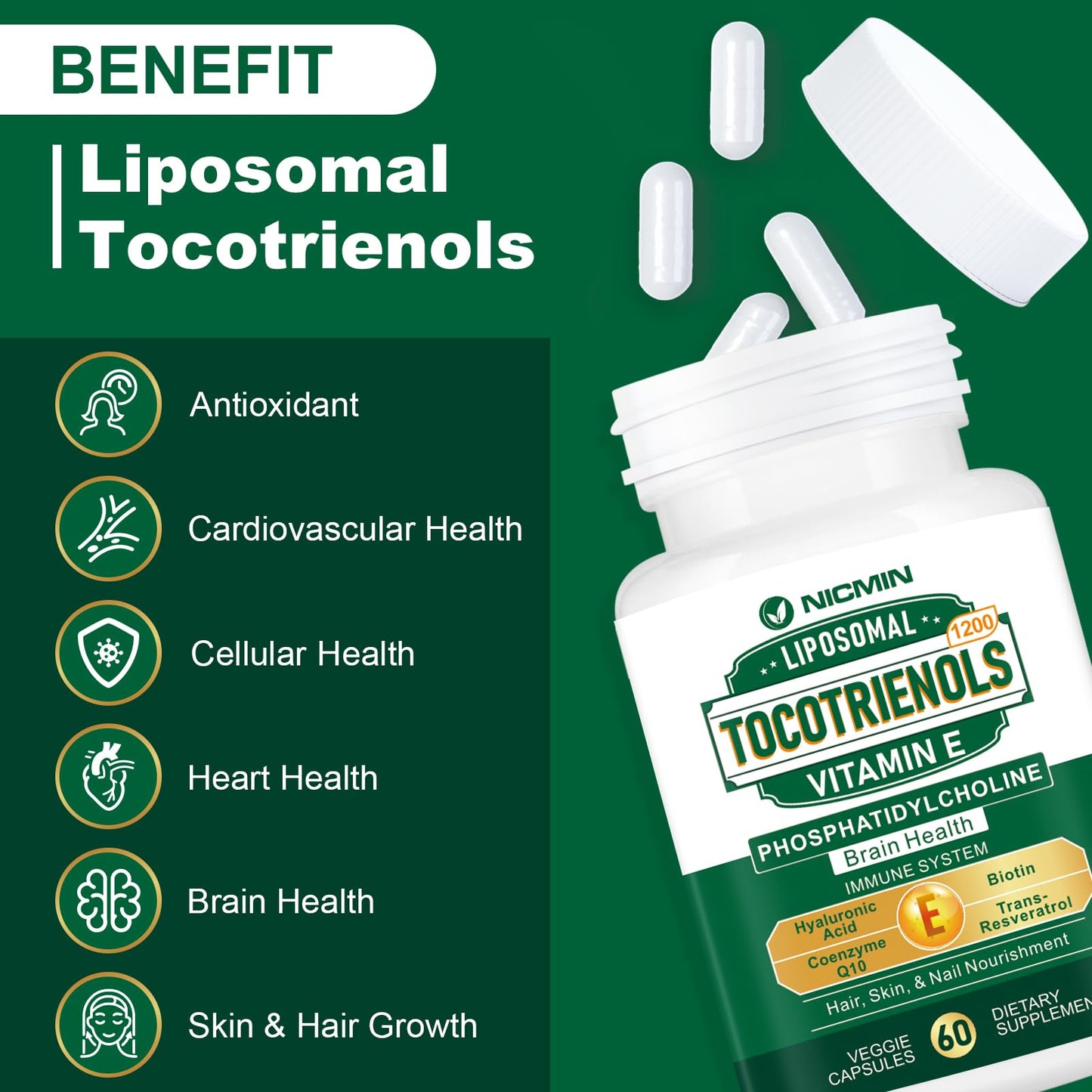 NICMIN 1200MG Vitamin E Tocotrienols Liposomal Supplement with Phosphatidylcholine, 95% Delta-tocotrienols and 5% Gamma-tocotrienols, High Absorption for Heart and Brain Function, Capsule, 120