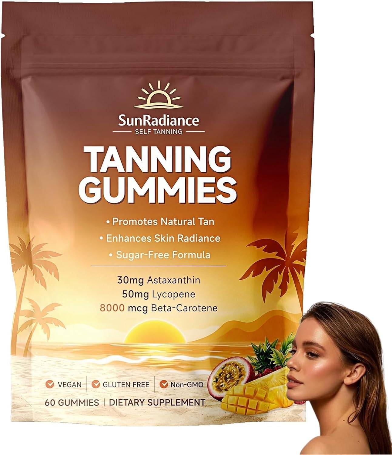 Sun Radiance Tanning Gummies with Astaxanthin & Beta Carotene, Vitamin C & A, Vegan & Sugar-Free, 60 Gummies
