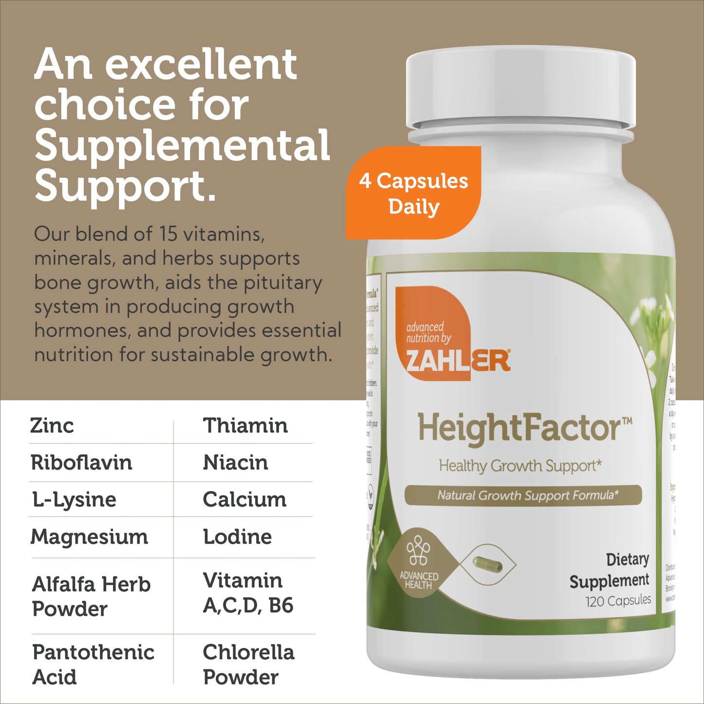 Zahler Height Factor Healthy Growth Support Vitamin & Mineral Capsules, 120 Count