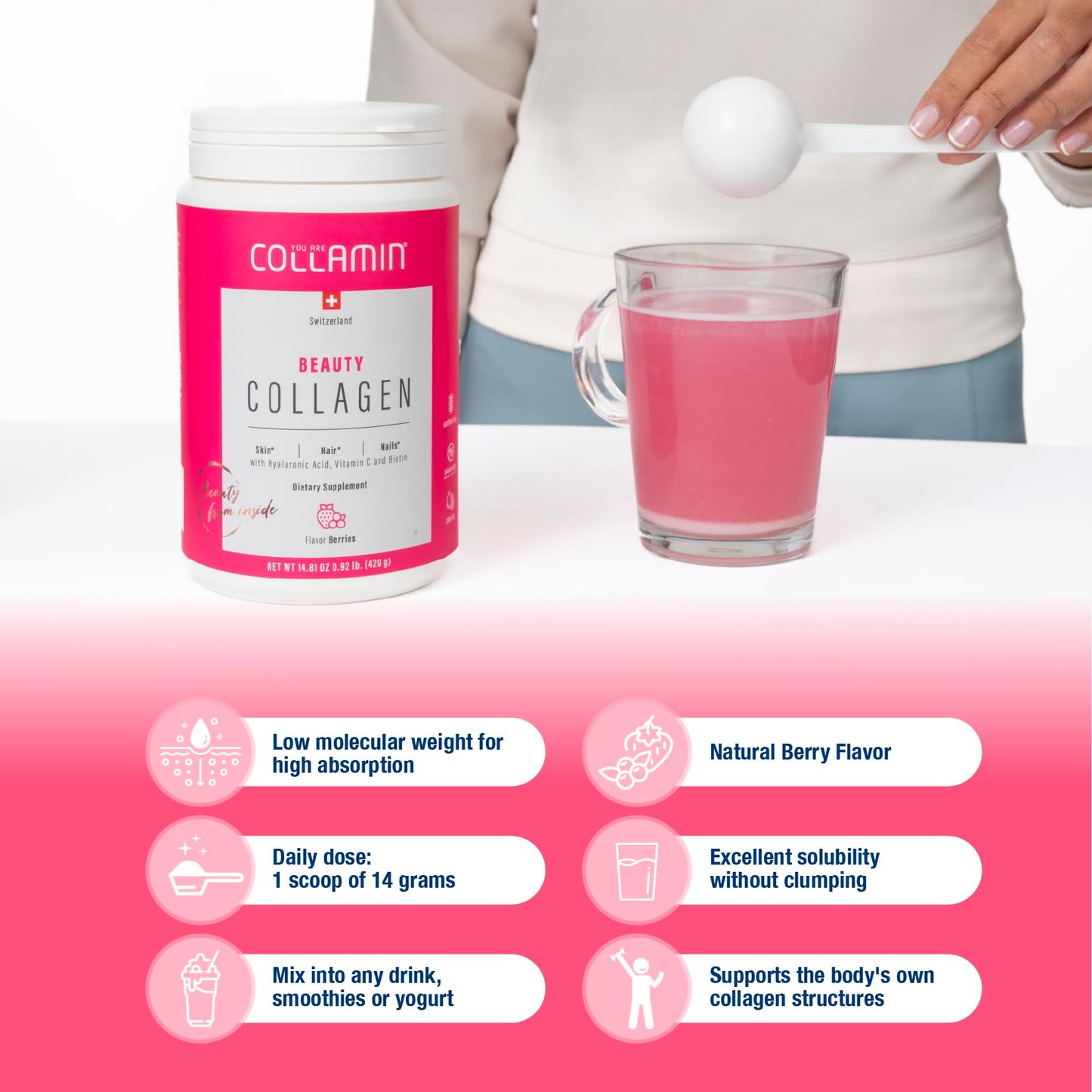 Collamin Hydrolyzed Collagen Peptides Powder from Grass-Fed Swiss Bovine with Hyaluronic Acid, Vitamin C & Biotin – Skin, Hair, Nails, Joints & Immunity Support, 14.81 Ounce