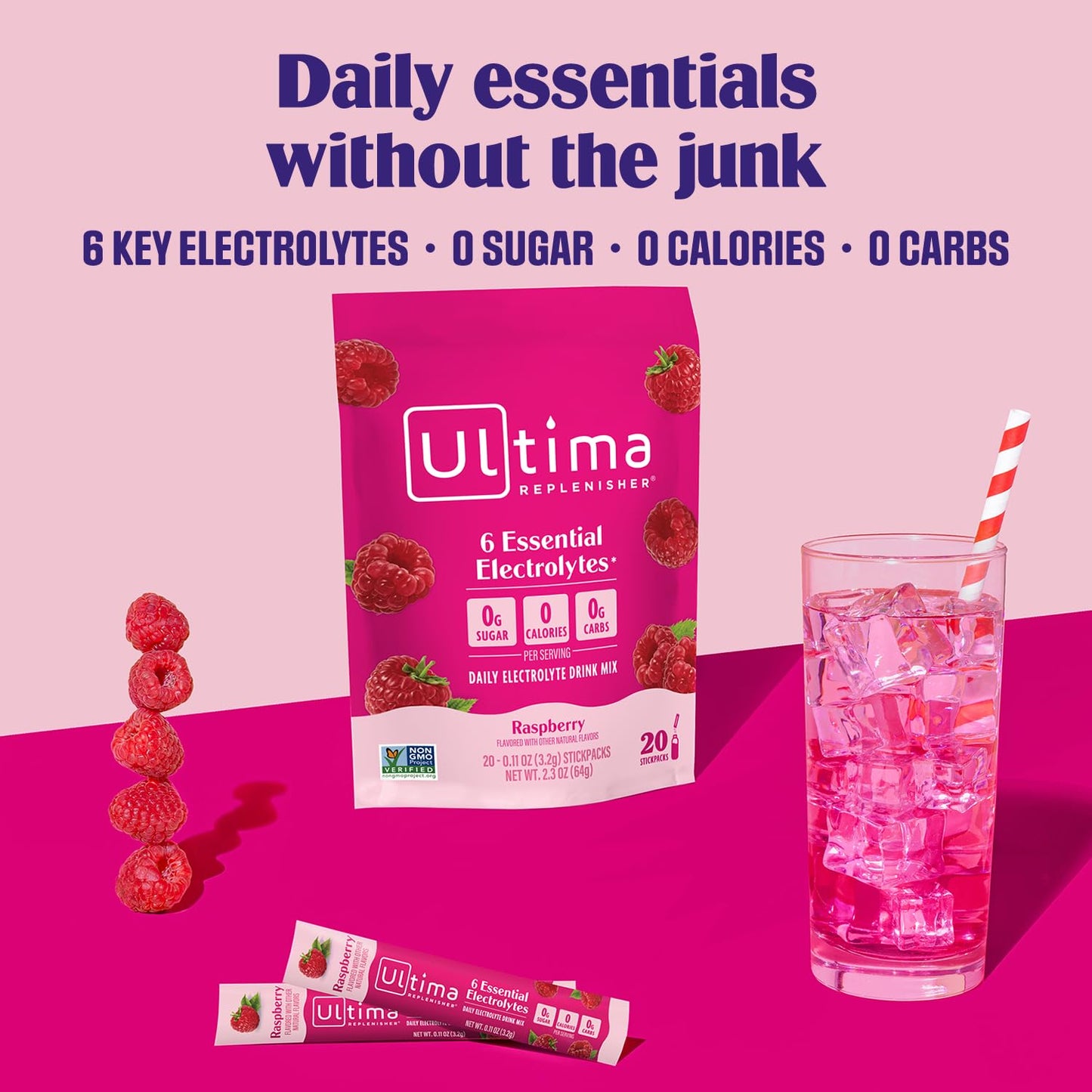 Ultima Replenisher Raspberry Electrolyte Powder, 20 Count