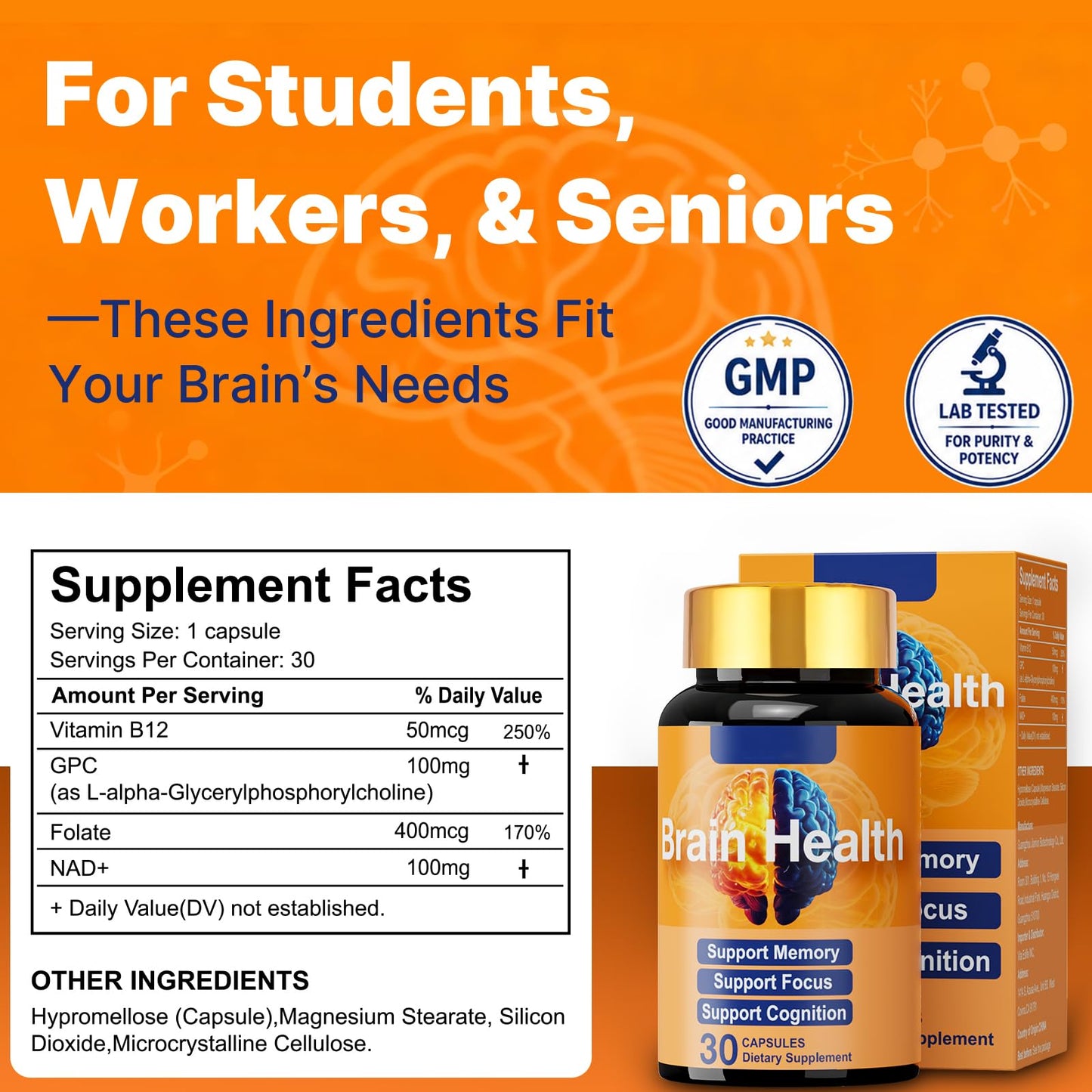 Dr. HR Brain Supplement for Memory and Focus with NAD+ GPC Folate & Vitamin B12 Capsule, 1 Count