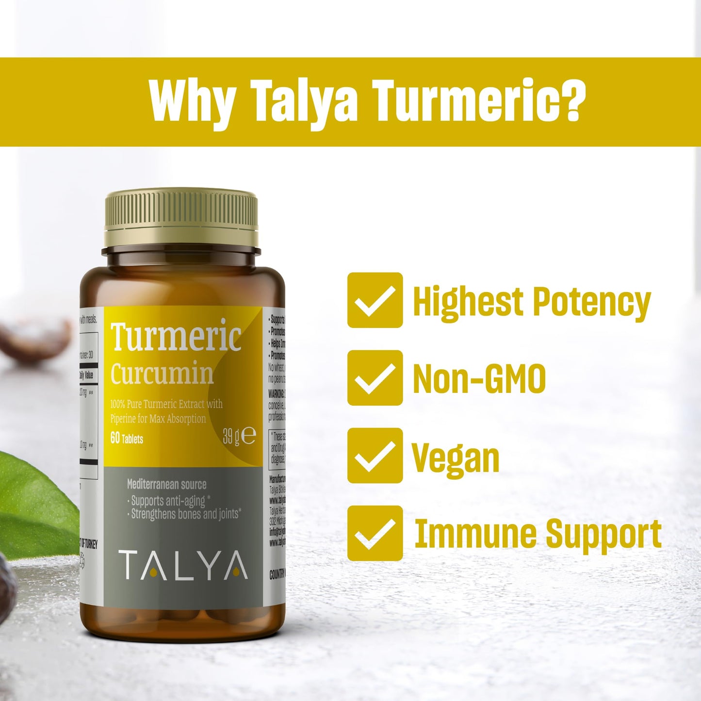 TALYA Turmeric Curcumin with Black Pepper Tablets, 60 Count