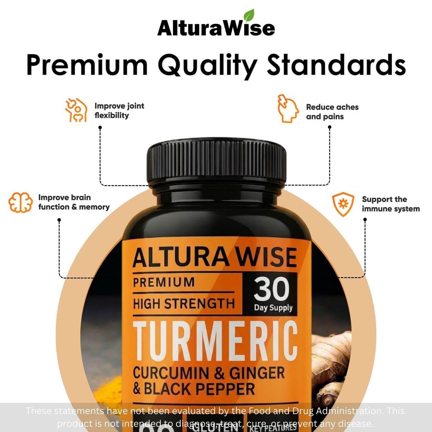 AlturaWise 4 in 1 Organic Turmeric High Strength with Black Pepper and Ginger Active Curcumin 1500mg, Capsules, 90 Count
