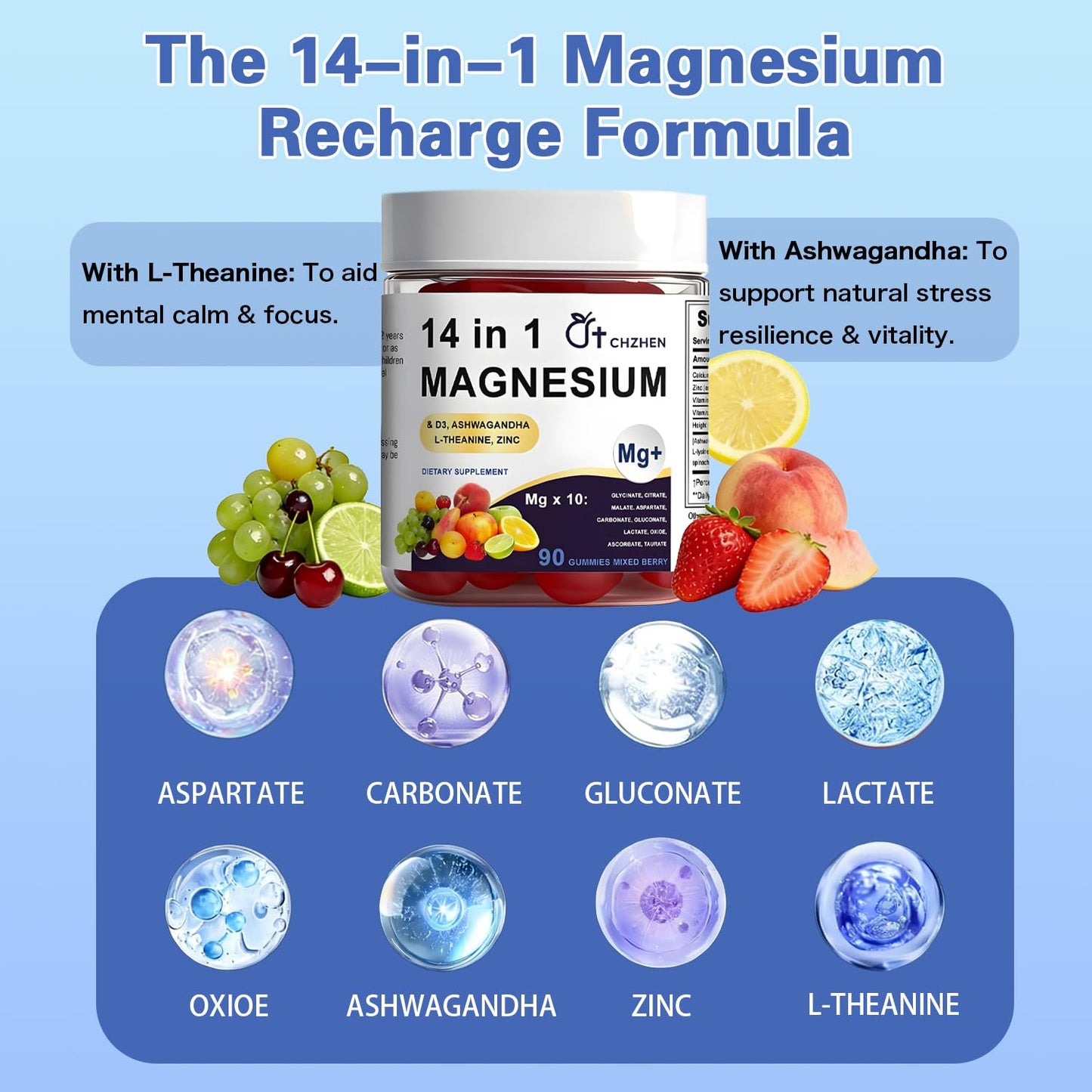 SERSANVE Magnesium 14-in-1 Complex Gummies with Ashwagandha & L-Theanine, Zinc, 90 Gummies